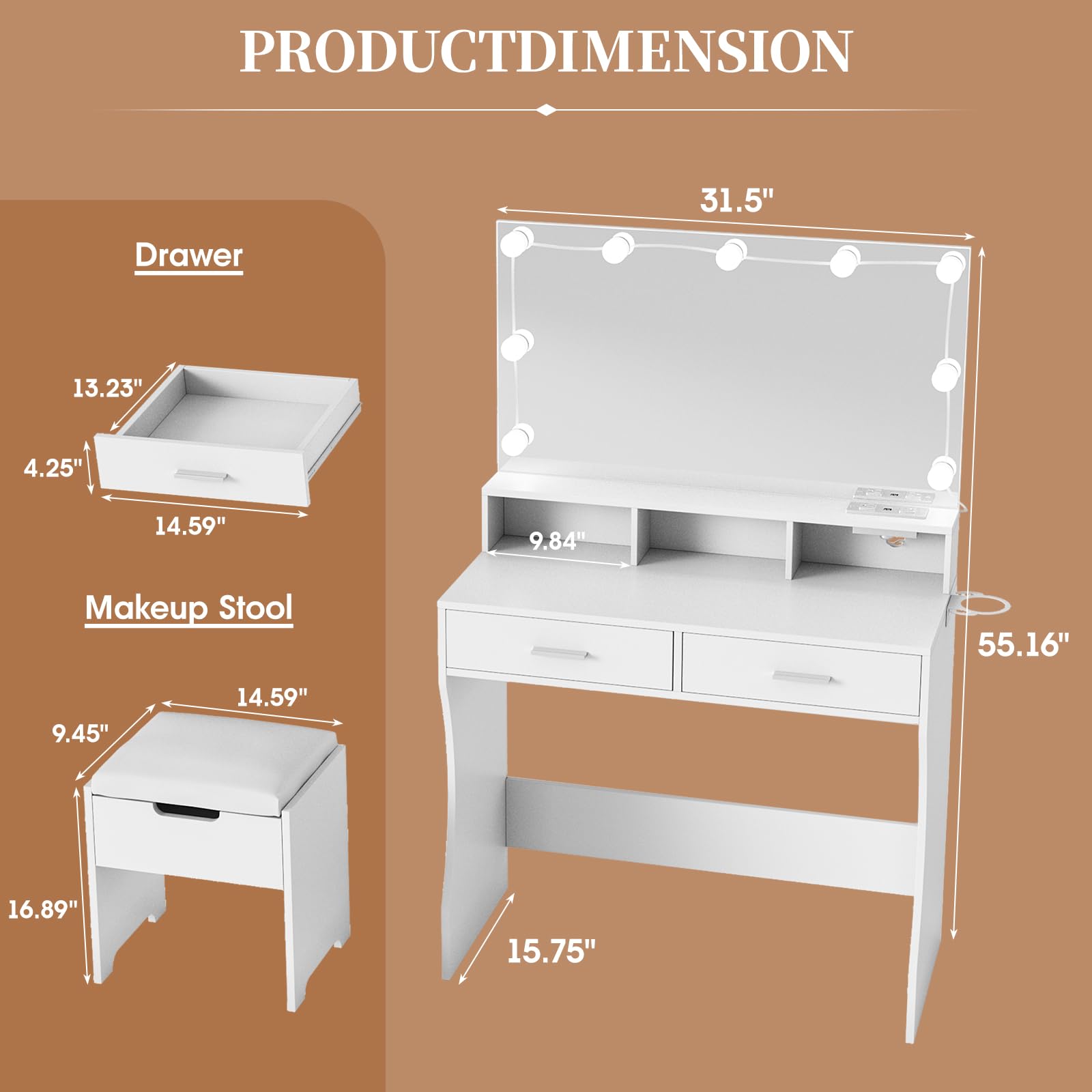 Vabches Makeup Vanity with Lighted Mirror & Power Outlet, White Vanity Set with 3 Adjustable Lighting Colors, Brightness Control, 31.5 Inch Wide Makeup Desk - Perfect for Bedroom, Dressing Room & Beauty Salon