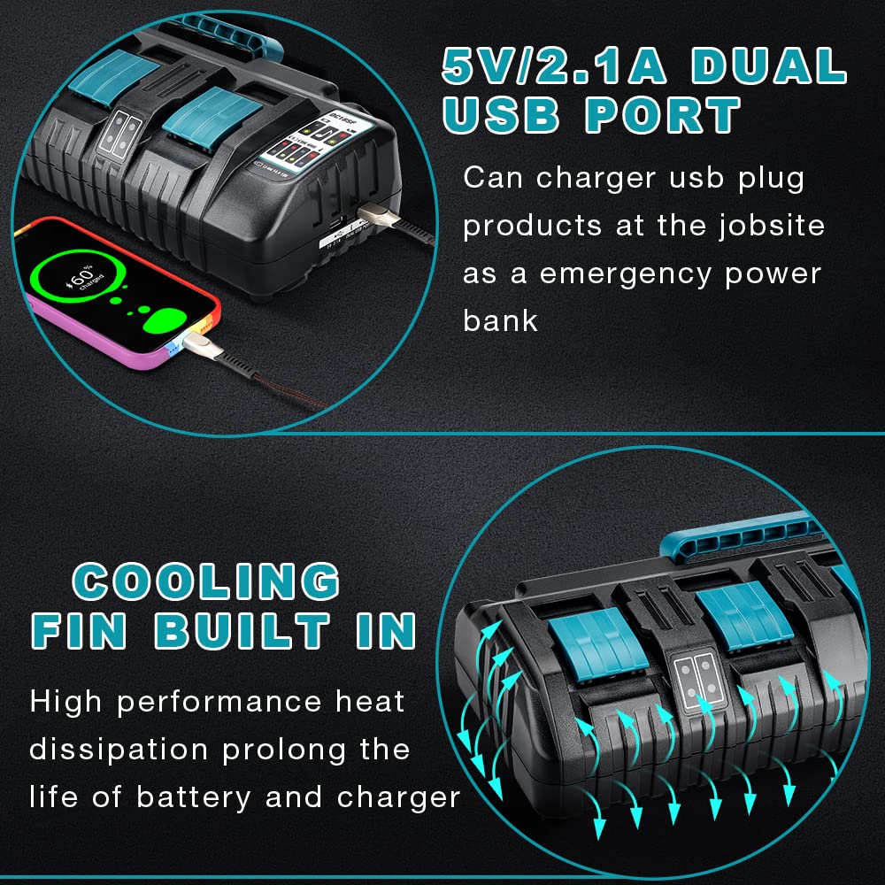 Makita 18V Battery Charger DC18SF - 4-Port Rapid Charger with Dual USB Ports | Fast Simultaneous Charging for 18V Power Tools | Perfect for Construction Sites, Workshops & Home DIY Projects