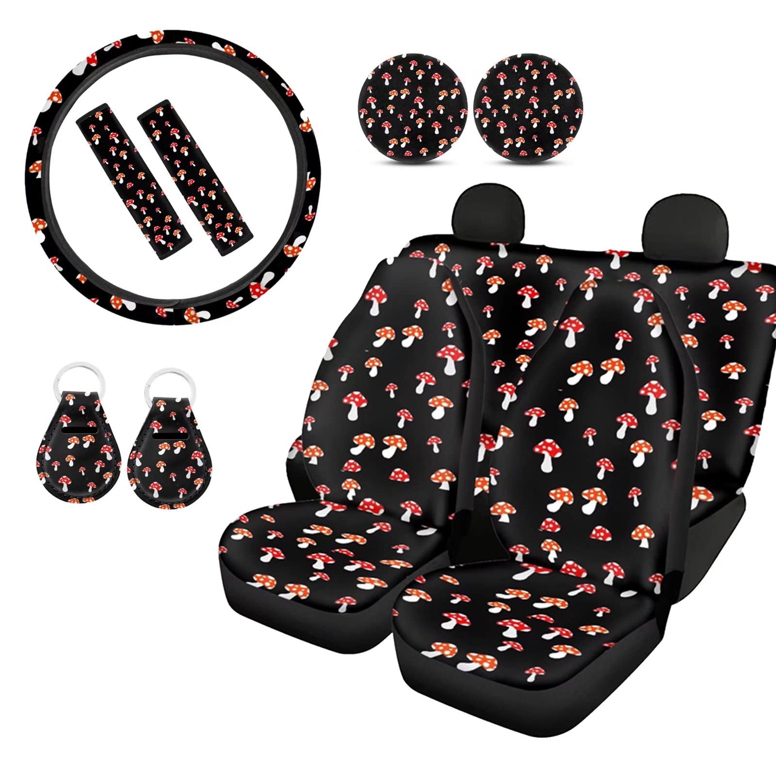 POLERO Cute Mushroom Car Seat Cover Set - 11pcs Includes Steering Wheel Cover, Seatbelt Covers, Keychains & Coasters for Women & Men | Perfect for Car Interior Decoration & Gift Giving