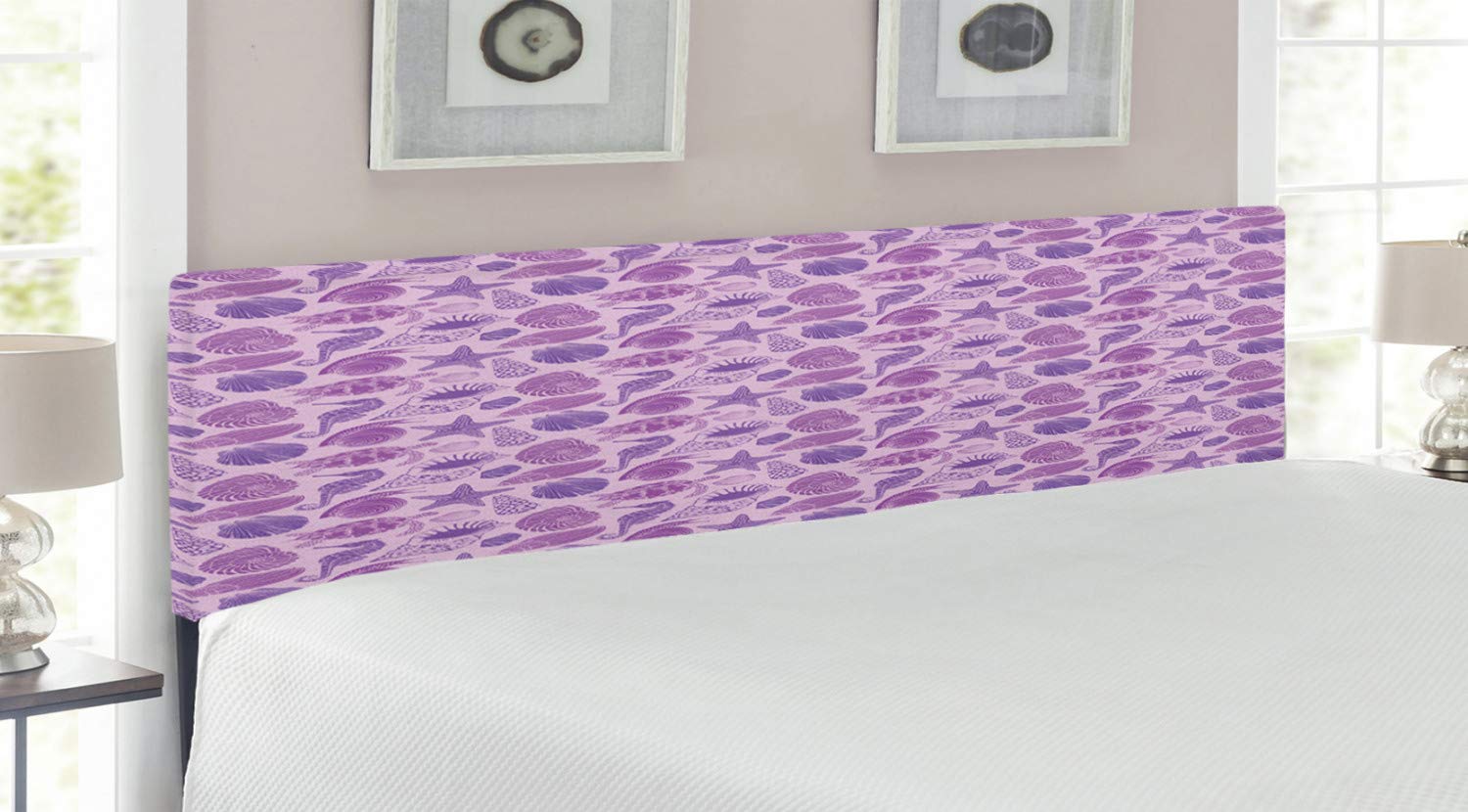 Ambesonne Marine King Size Headboard - Exotic Sea Animals Pattern with Scallops, Snails, Seahorses & Turtles - Upholstered Decorative Metal Bed Frame with Memory Foam in Violet Purple Pale Mauve - Perfect for Coastal, Nautical or Kids' Bedroom Themes