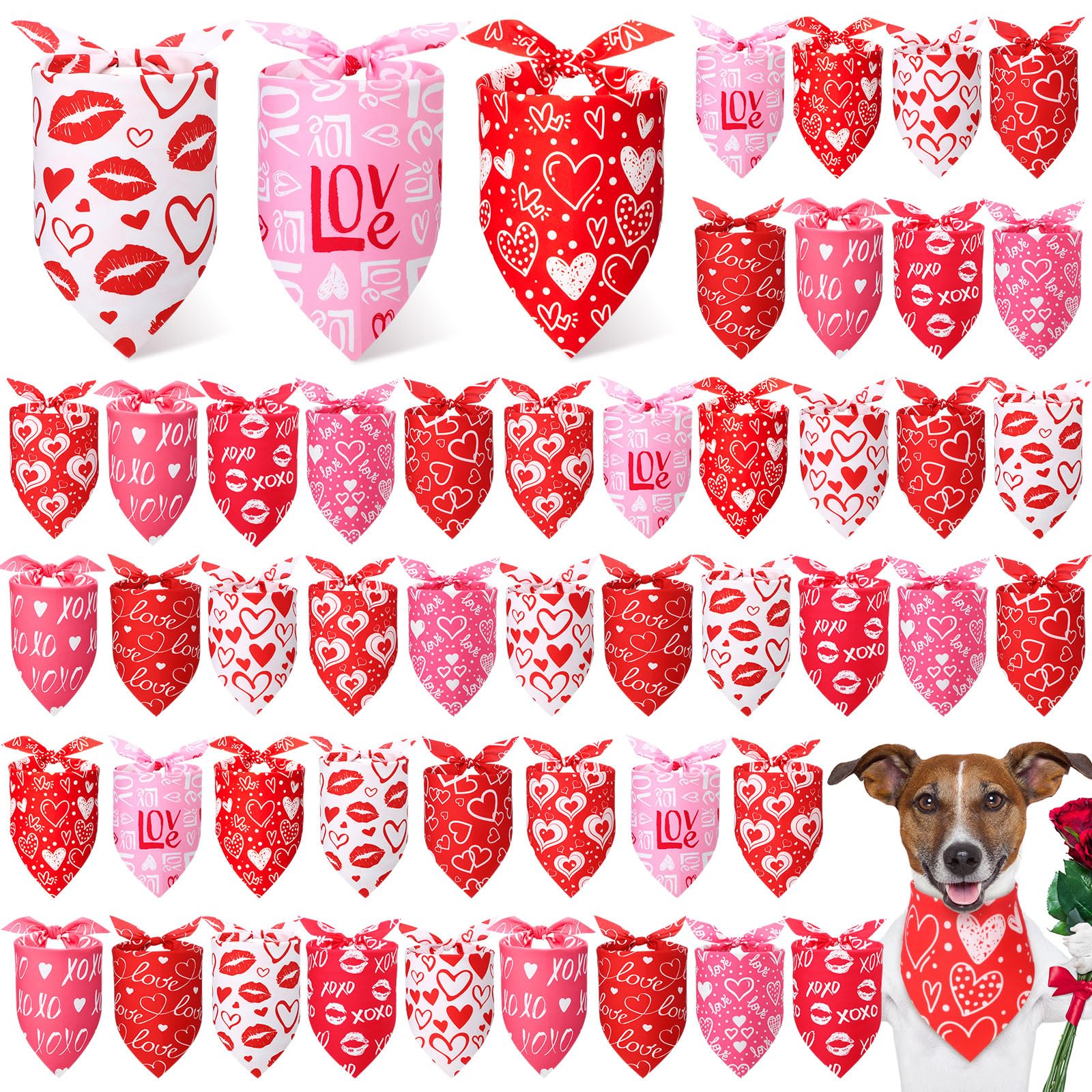 50 Pcs Valentine's Day Dog Bandanas Bulk - Red & Pink Adjustable Triangle Bandana for Small Medium Large Dogs - Soft Bibs Costume Accessories (19.7 x 13.8 Inch) - Perfect for Valentine's Day, Pet Parties & Photo Shoots