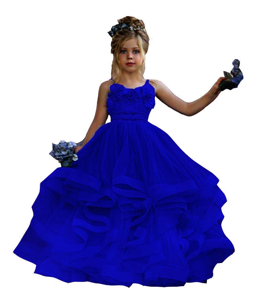Honeydress Girls Spaghetti Strap Lace Floral Tiered A-Line Pageant Dress - Royal Blue Kids Birthday Party Gown for Special Occasions & Pageants