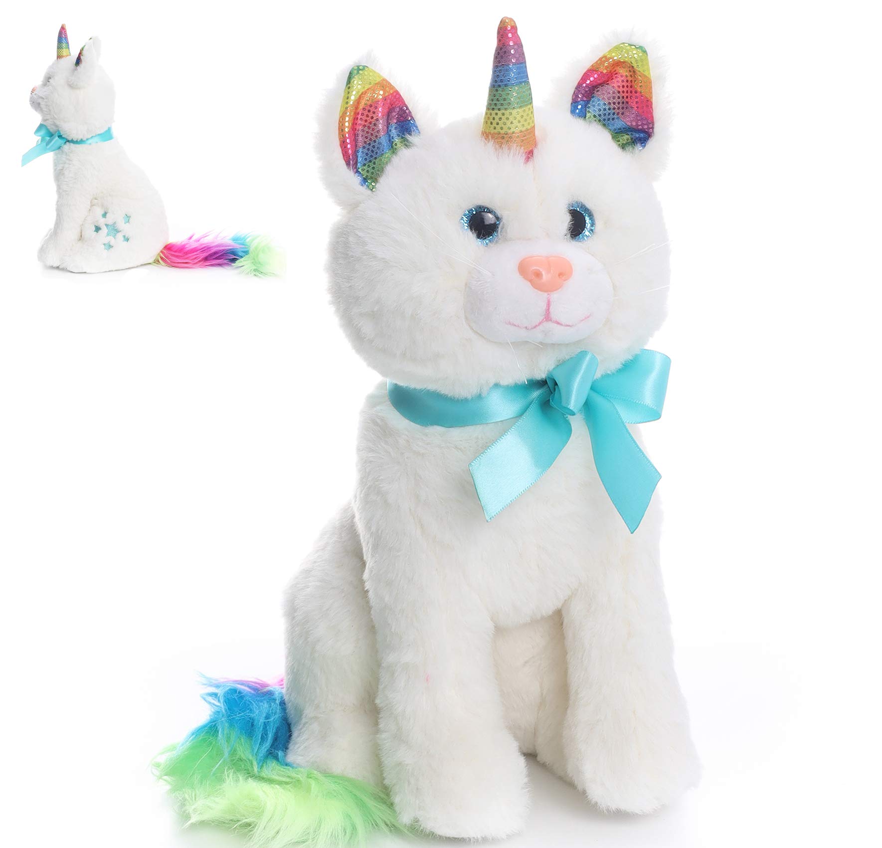 Magical White Plush Caticorn Stuffed Animal Toy - Soft Unicorn Cat with Rainbow Horn & Tail for Kids, Perfect Gift for Birthday & Christmas | Cute Rainbow Kitty for Playtime, Nursery Decor & Fantasy Lover Gifts