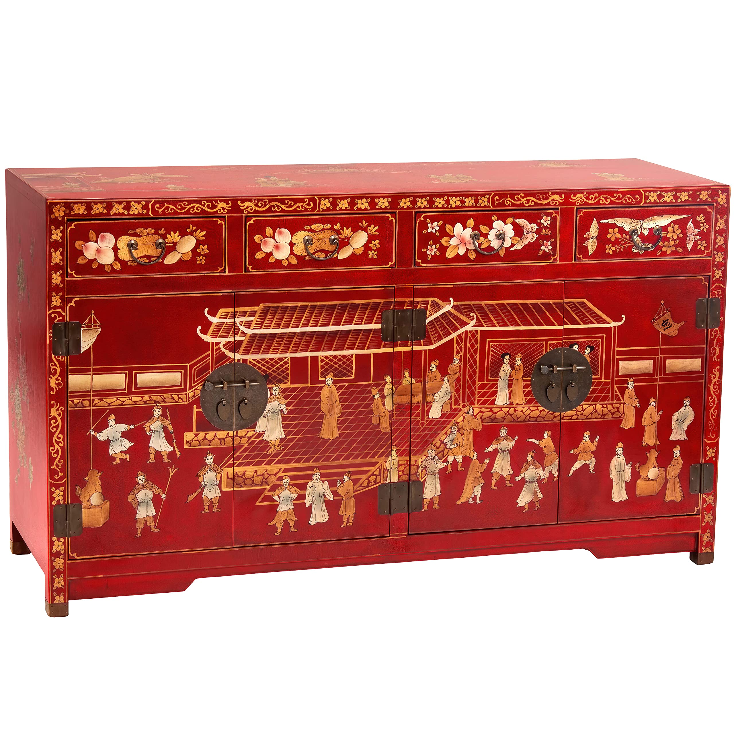 Hand-Painted Red Lacquer Buffet Table - Traditional Chinese Courtyard Style Artisan Crafted Dining Sideboard | Perfect for Asian-Themed Dining Rooms, Wedding Decor & Home Staging