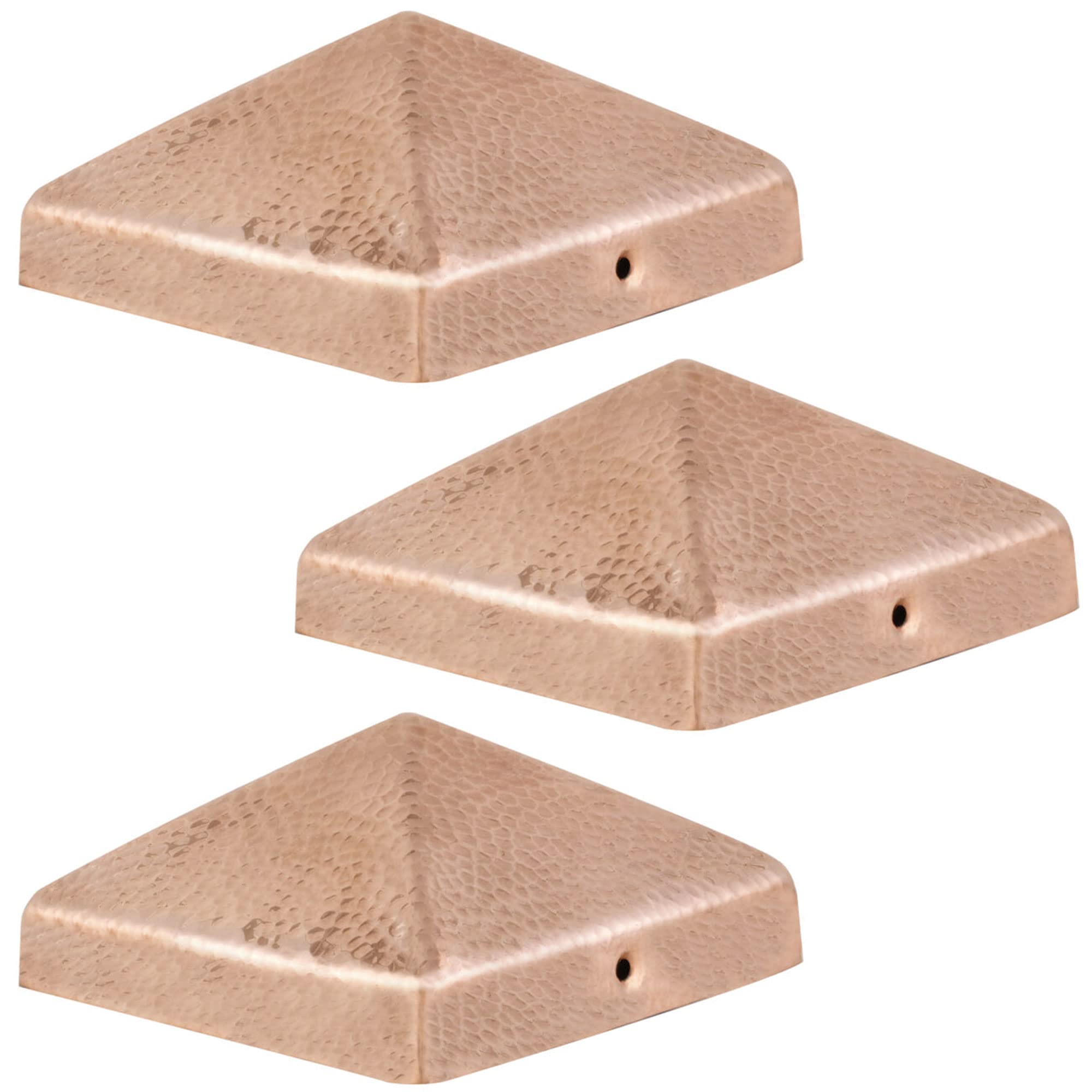 6x6 Hammered Copper Pyramid Post Caps (3-Pack) - Extended Lip Design - Solid Pure Copper Construction - Natural Patina Finish - 5-1/2 x 5-1/2 Inches - Perfect for Fence, Deck, and Porch Railings