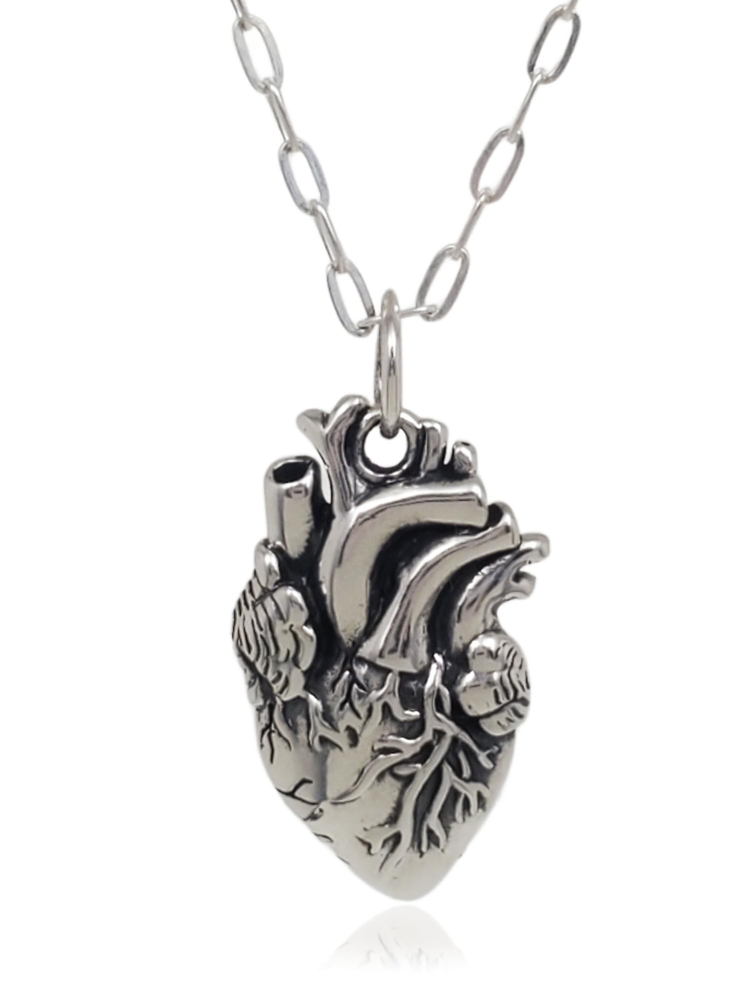 Sterling Silver Anatomical Human Heart Pendant Necklace - 18