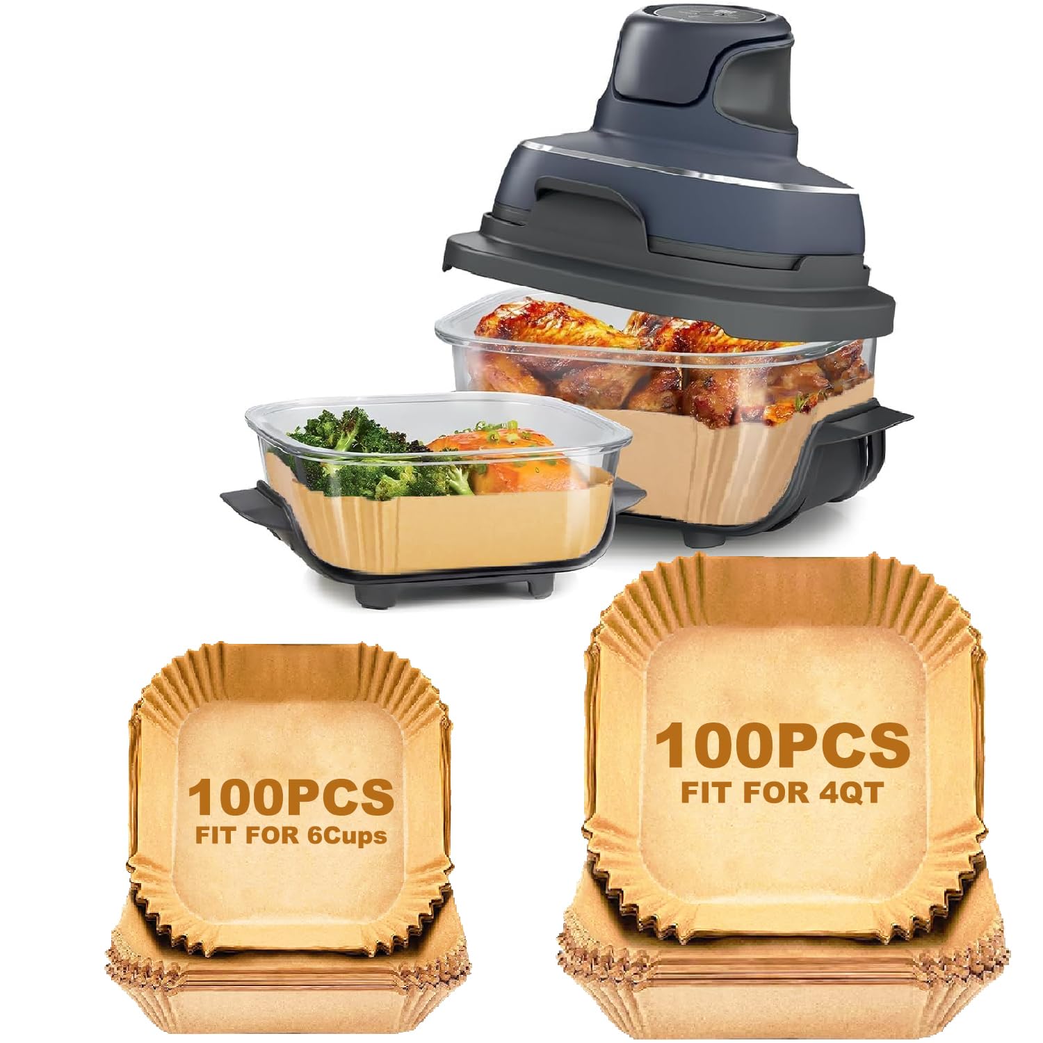 200-Pack Air Fryer Paper Liners for Ninja Crispi FN101GY/FN101SG/FN101ST - Non-Stick Square Disposable Liners for Glass Air Fryers (100 Large for 4-QT & 100 Small for 6-Cup) - Perfect for Healthy Cooking, Meal Prep & Easy Cleanup