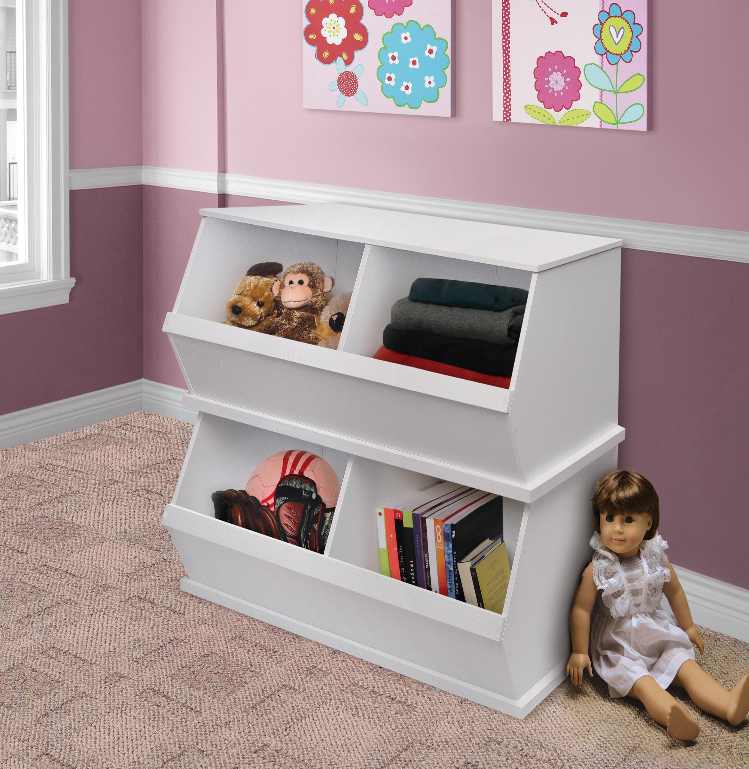 Badger Basket Two-Bin Stackable Storage Cubby – White Modular & Expandable Organizer for Toys, Crafts, Kids Room & Playroom Organization