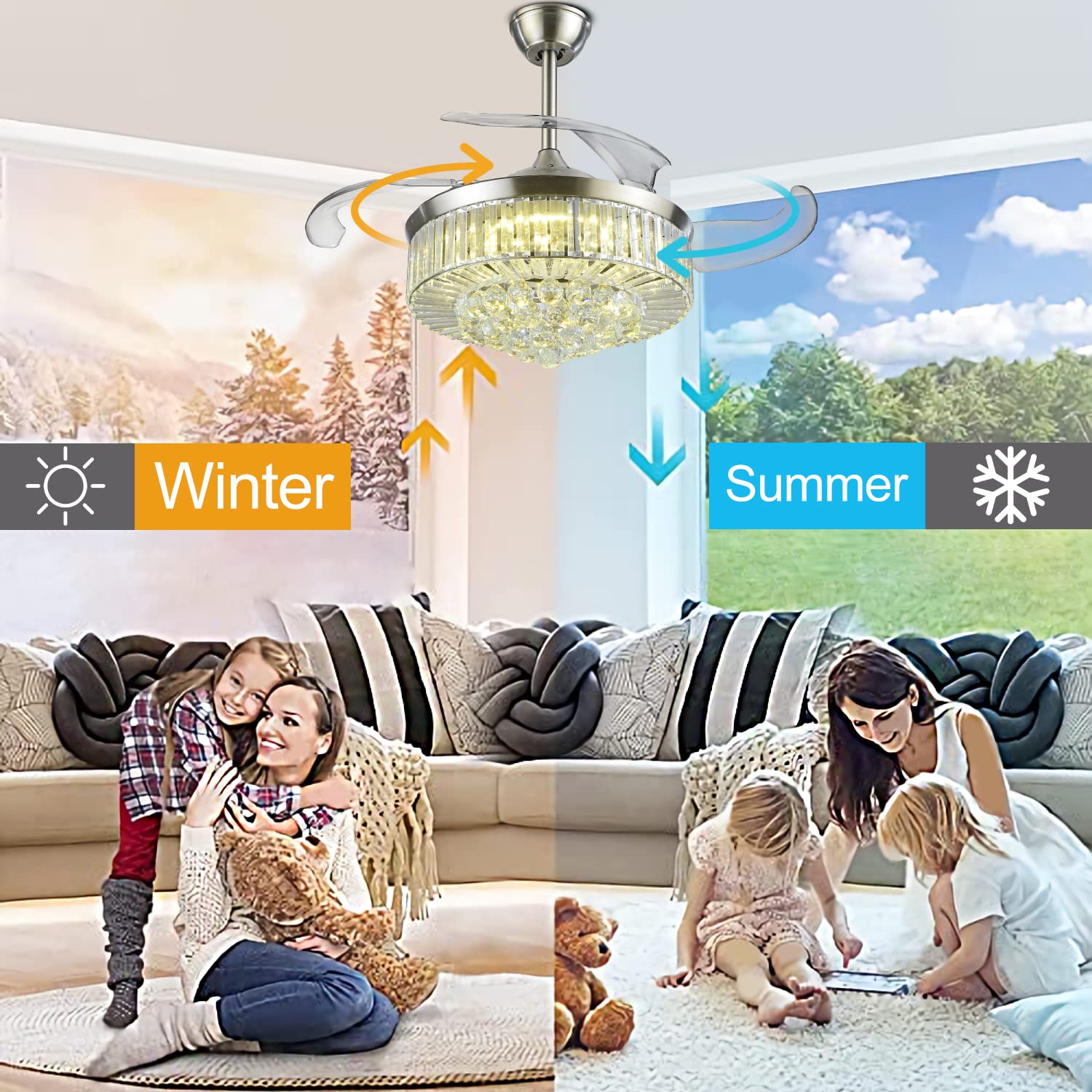 42 Inch Retractable Ceiling Fan with Lights - 6 Speed Modern Crystal Chandelier Fandelier, Reversible Motor for Bedroom, Living Room & Office - Perfect for Home Cooling and Stylish Lighting Decor