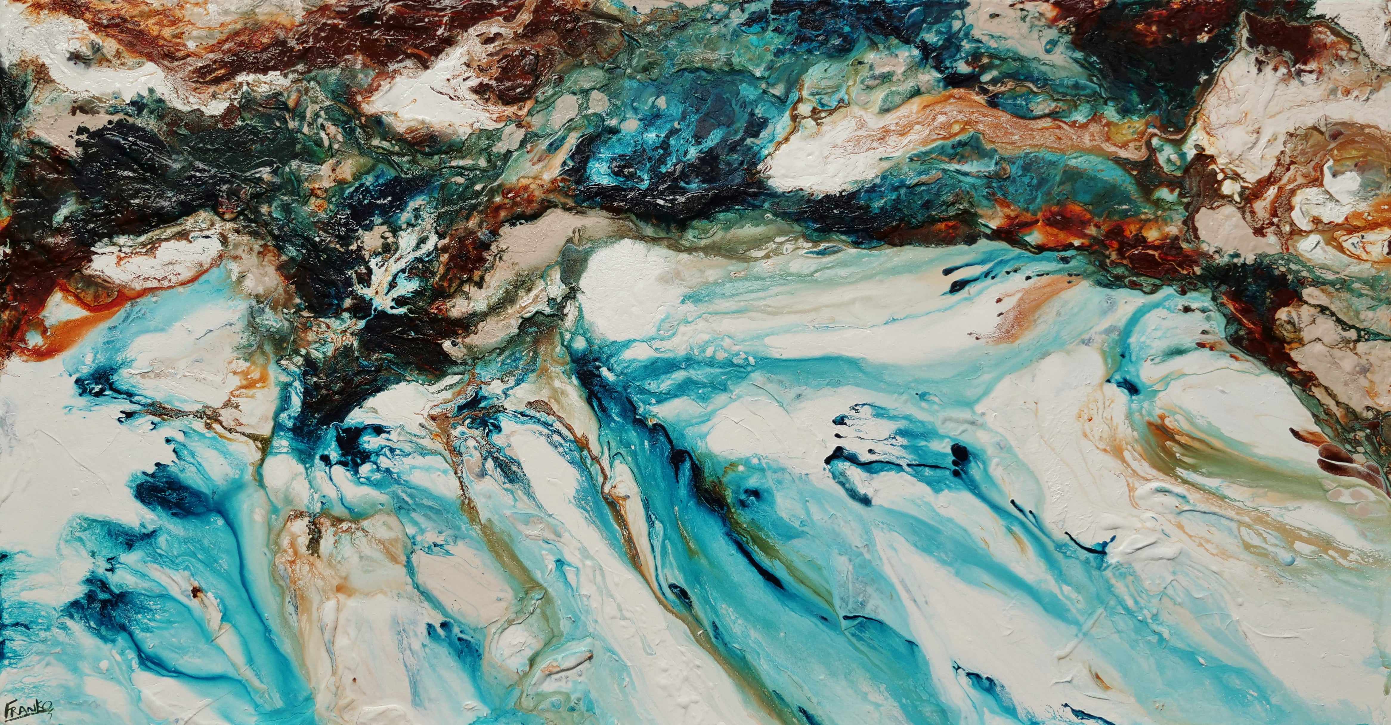190cm x 100cm Teal White Textured Abstract Painting - Coastal Wave Inspired Wall Art for Living Room, Bedroom & Office Decor