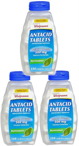 Walgreens Regular Strength Antacid & Calcium Supplement Chewable Tablets 500mg - Peppermint Flavor (150 Tablets, Pack of 3) | Heartburn Relief & Bone Health Support | For Digestive Comfort After Meals & Daily Calcium Intake
