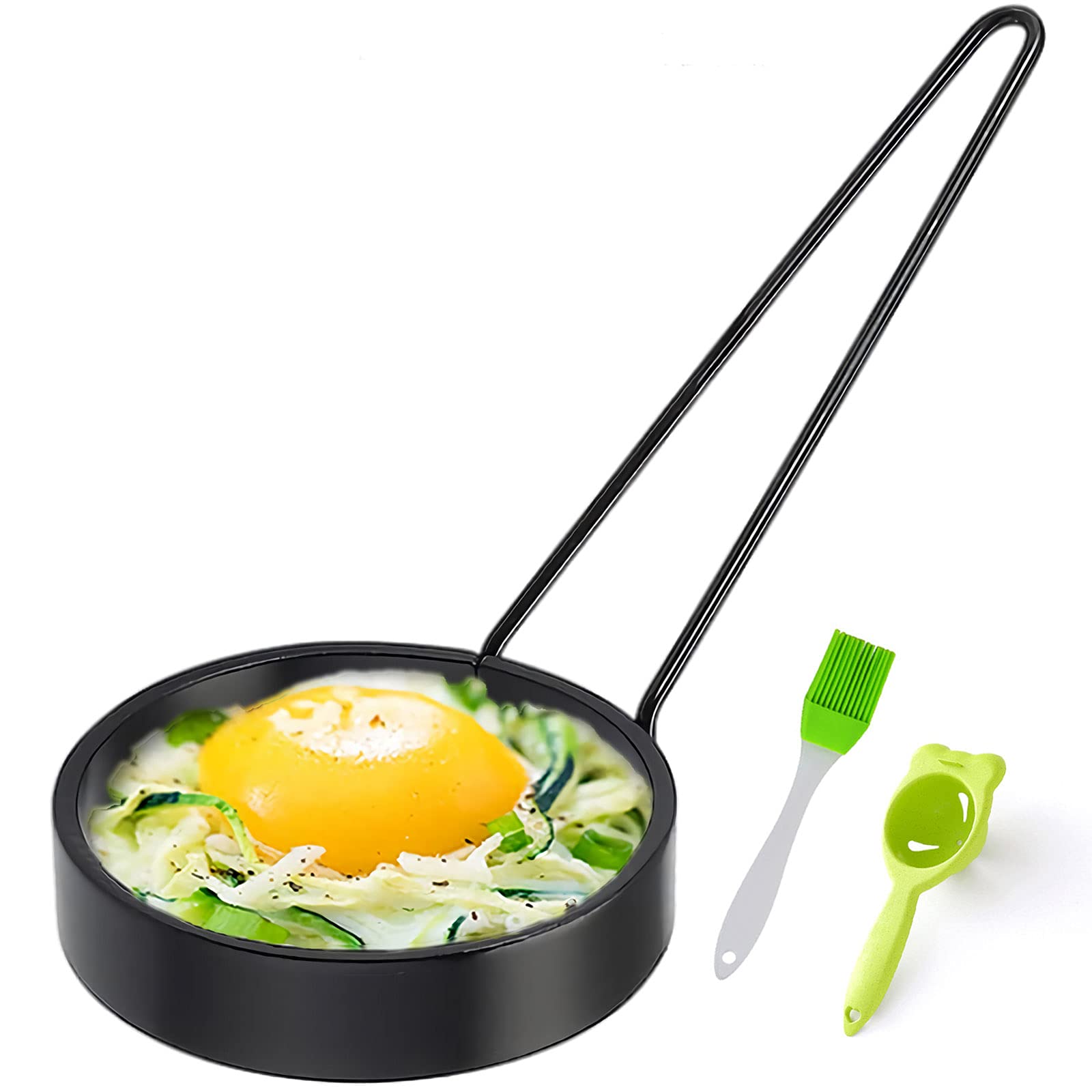 DLOPN Non-Stick Egg Rings for Perfect Round Eggs - 3 Inch Stainless Steel Egg Shaper with Anti-Scald Handle - Includes Free Egg Separator & Oil Brush (E-11) - Ideal for Breakfast, Pancakes, Burgers & Cooking Shows