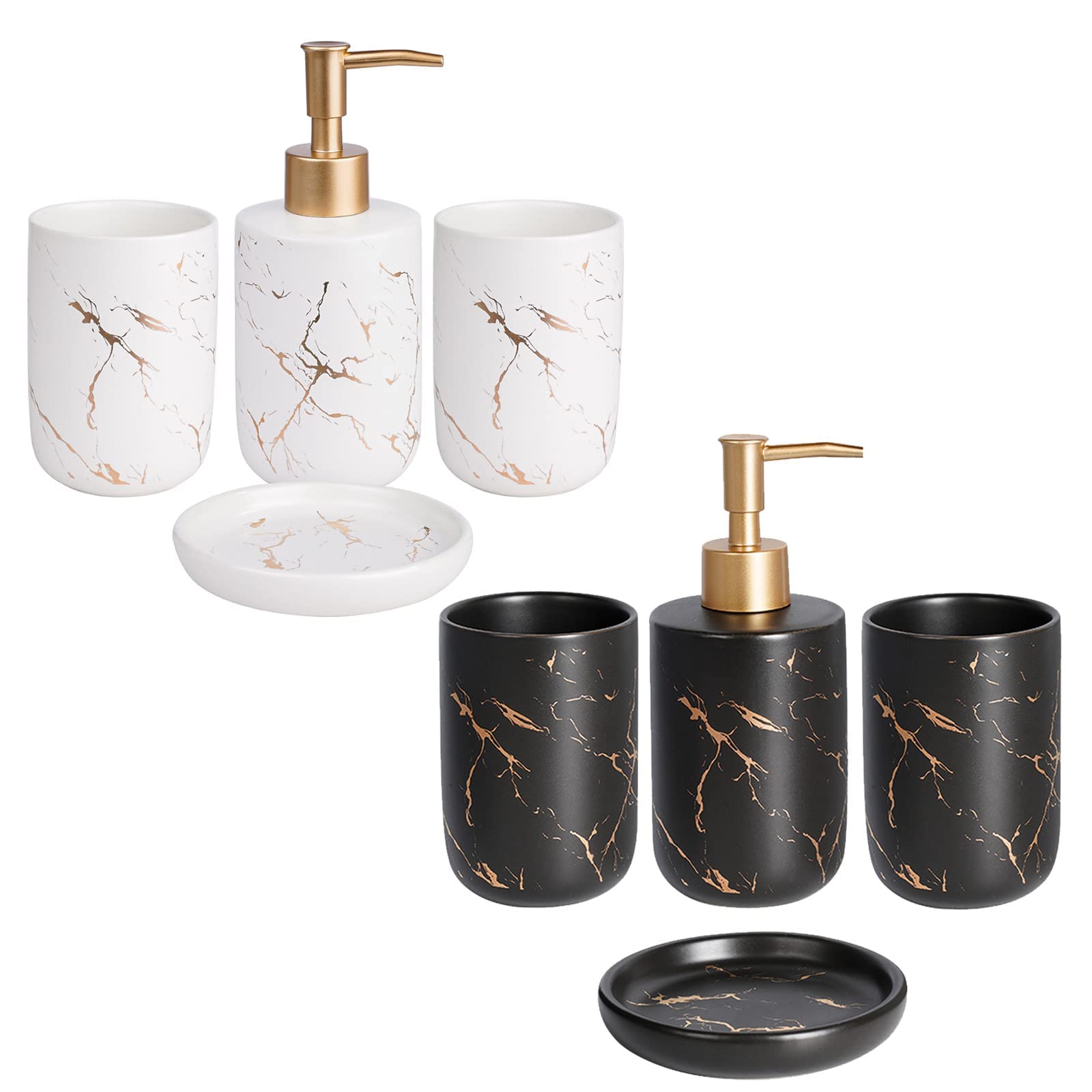 EPFamily 4-Piece Marble Bathroom Accessory Set - Golden Soap Dispenser, 2 Toothbrush Holders & Soap Dish | Modern Vanity Organizer for Bathroom Countertop Decor