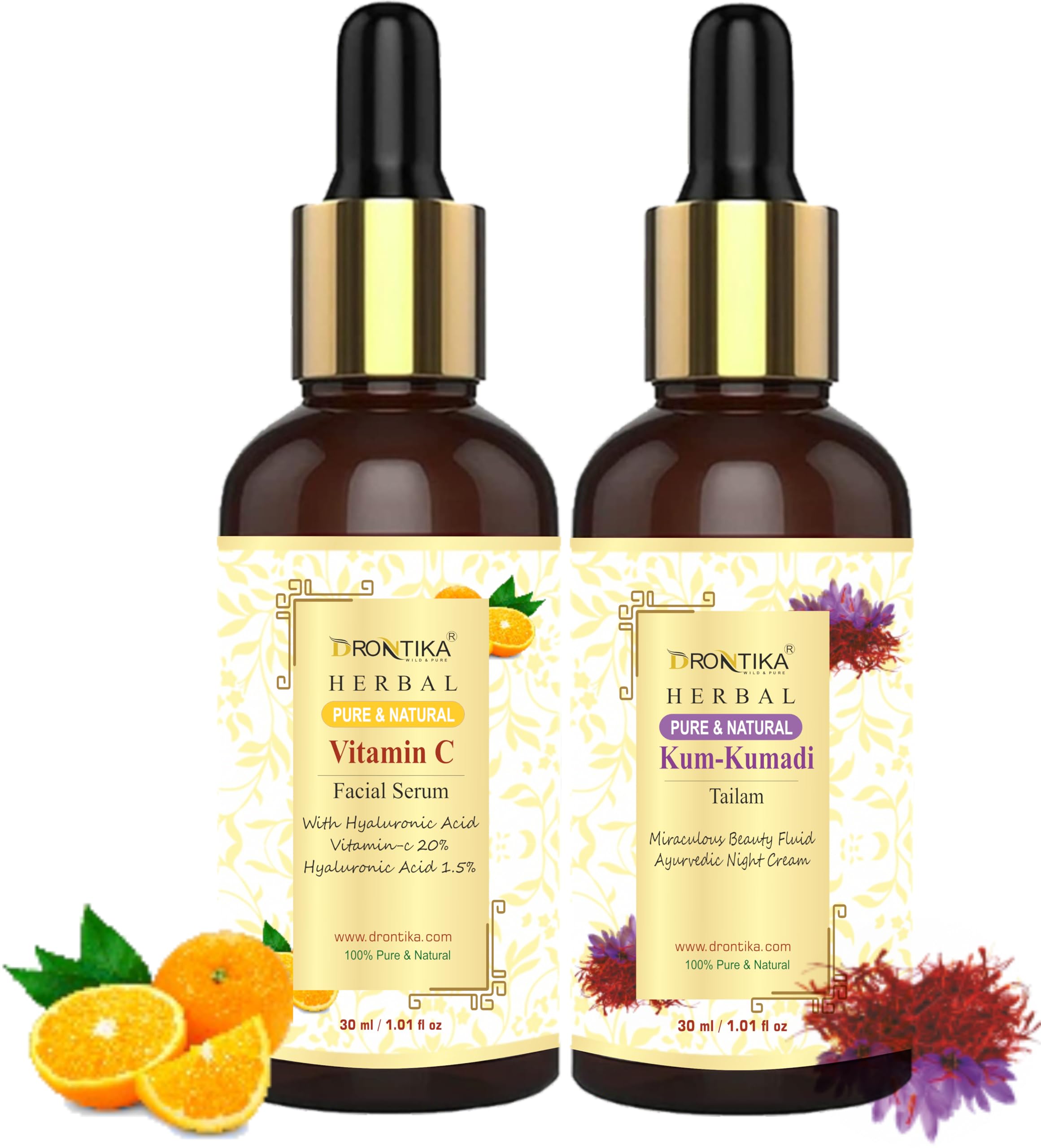 Drontika Vitamin C Face Serum for Nourished & Bright Skin | Kumkumadi Tailam Face Oil with Turmeric, Sandalwood & Saffron | Ayurvedic Glow Serum for Radiant Skin | Perfect for Daily Skincare & Nighttime Routine