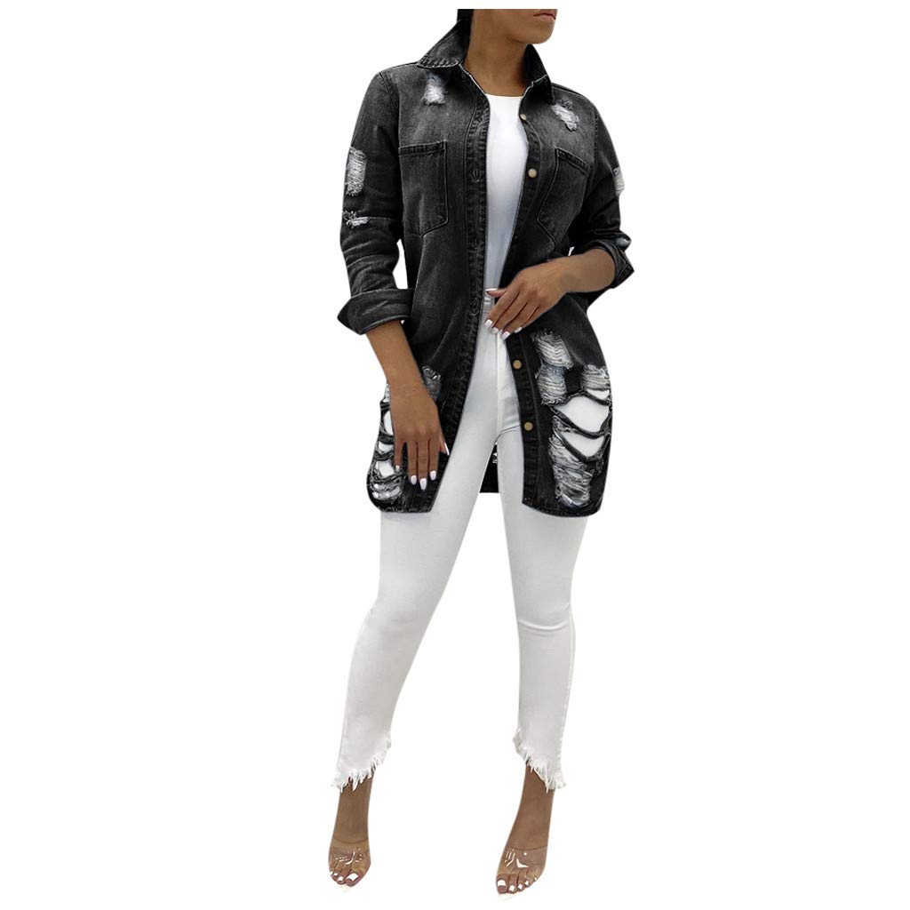 Stylish Women's Thin Long Casual Denim Jacket with Distressed Holes - Trendy Jean Jacket for Everyday Wear, Street Fashion & Layering Outfits