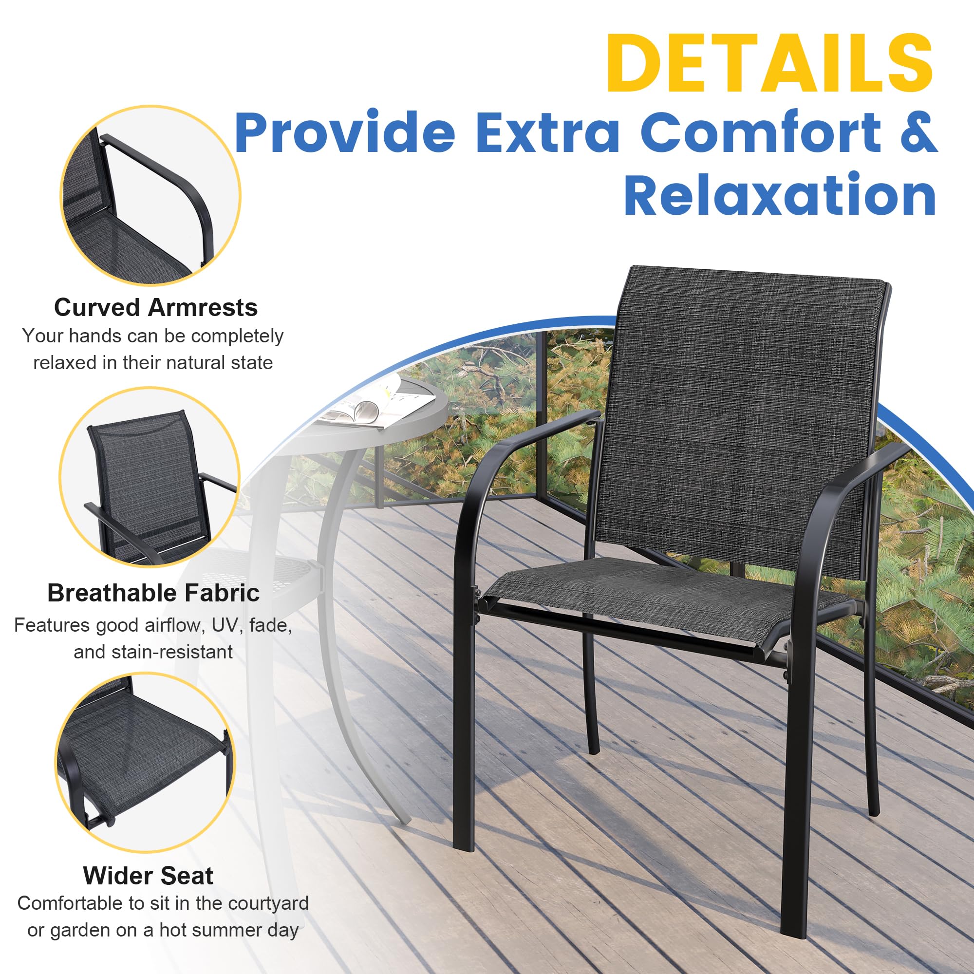 VICLLAX 5-Piece Outdoor Dining Set for 4 - Round Patio Table & 4 Stackable Chairs in Gray Wood-Like Finish & Dark Gray - Perfect for Backyard, Garden, Deck or Poolside Gatherings
