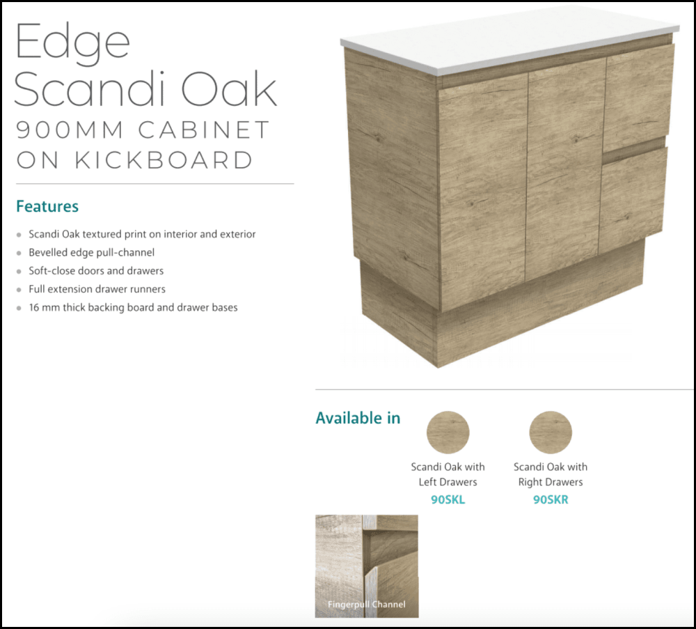 Fienza TCLB90SKR 900mm Modern Bathroom Vanity Set - Dolce Matte Black & Scandi Oak Finish, Right-Hand Drawers, Kickboard Included | Perfect for Small Bathrooms, Powder Rooms & Contemporary Home Decor