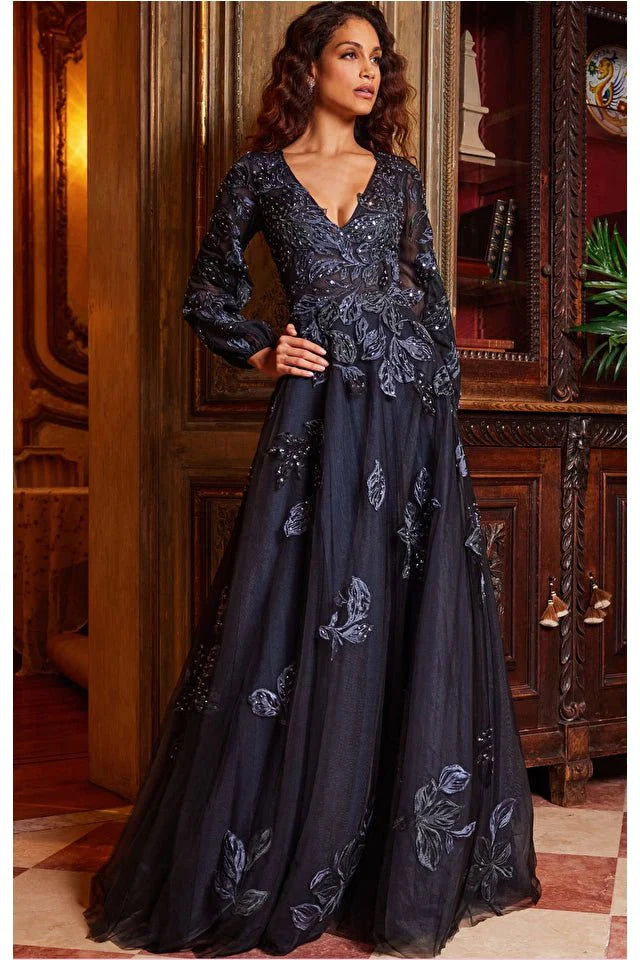 Jovani 09943 Navy Blue Embroidered A-Line Evening Gown for Women | Formal Party Dress | Prom, Wedding, Cocktail & Special Occasions