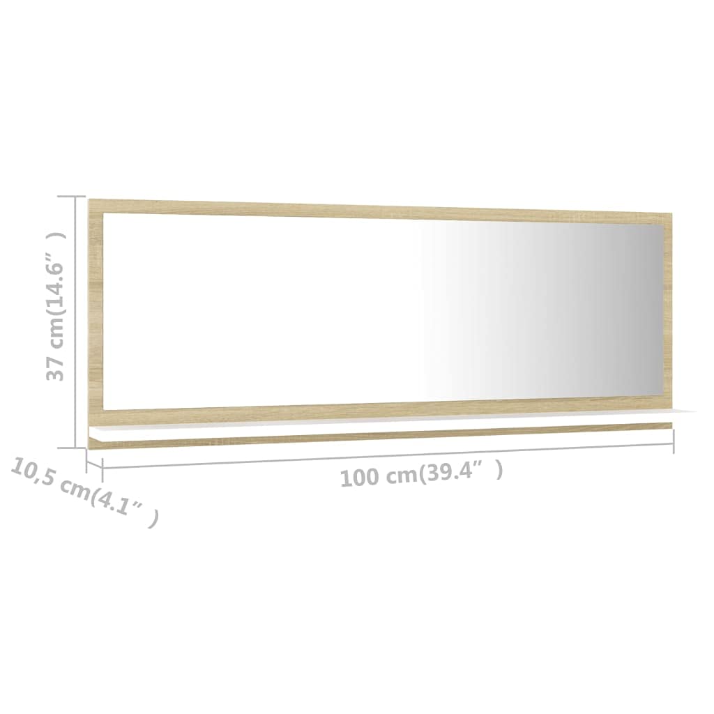 Wall Mounted Acrylic Bathroom Mirror with Open Shelves - White & Sonoma Oak (39.4