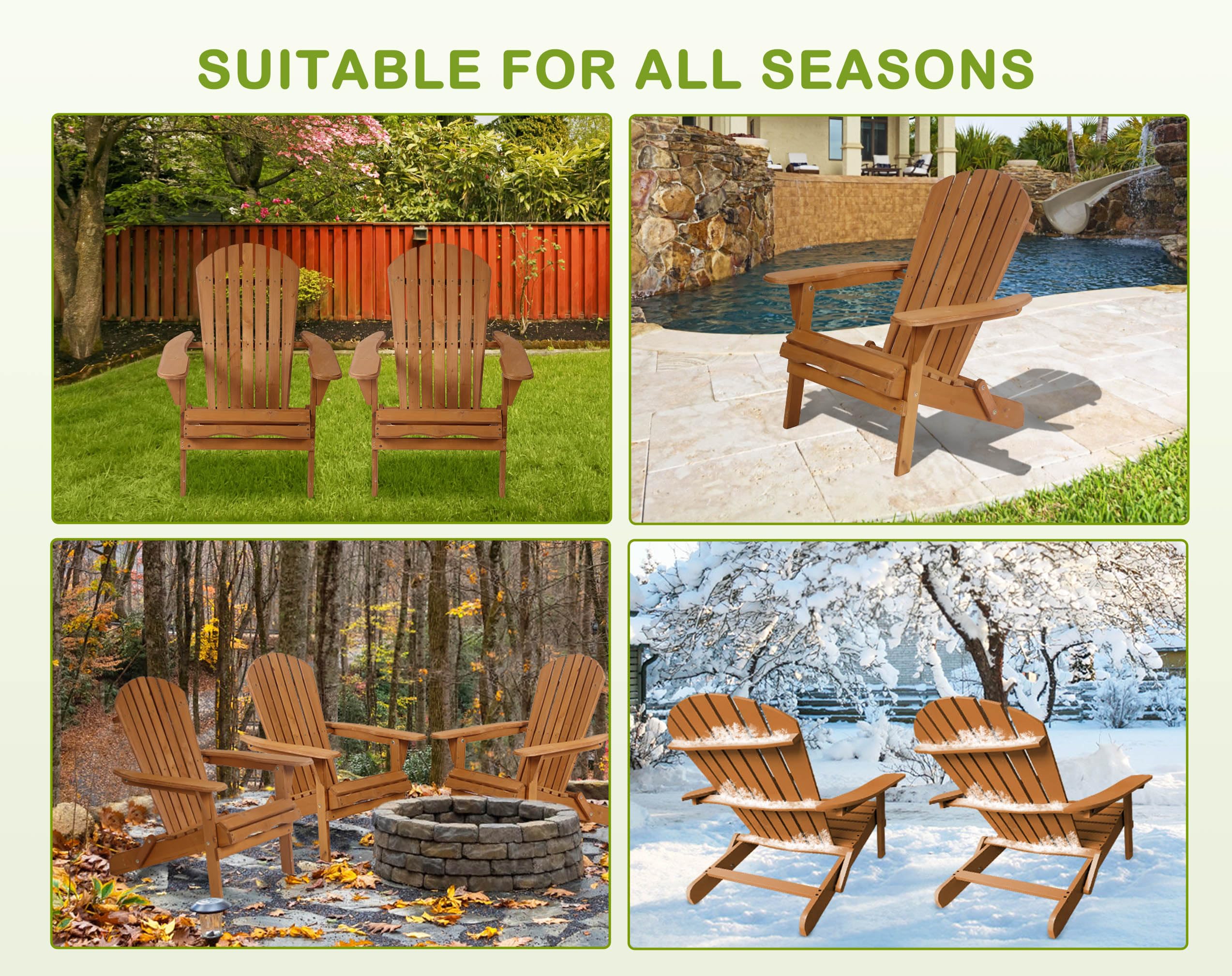 Solid Wood Folding Adirondack Chairs Set - 250 Lbs Weight Capacity, All-Weather Outdoor Lawn & Garden Chairs with Wide Armrests - Easy to Assemble Fire Pit Seating for Patio, Backyard & Poolside Relaxation