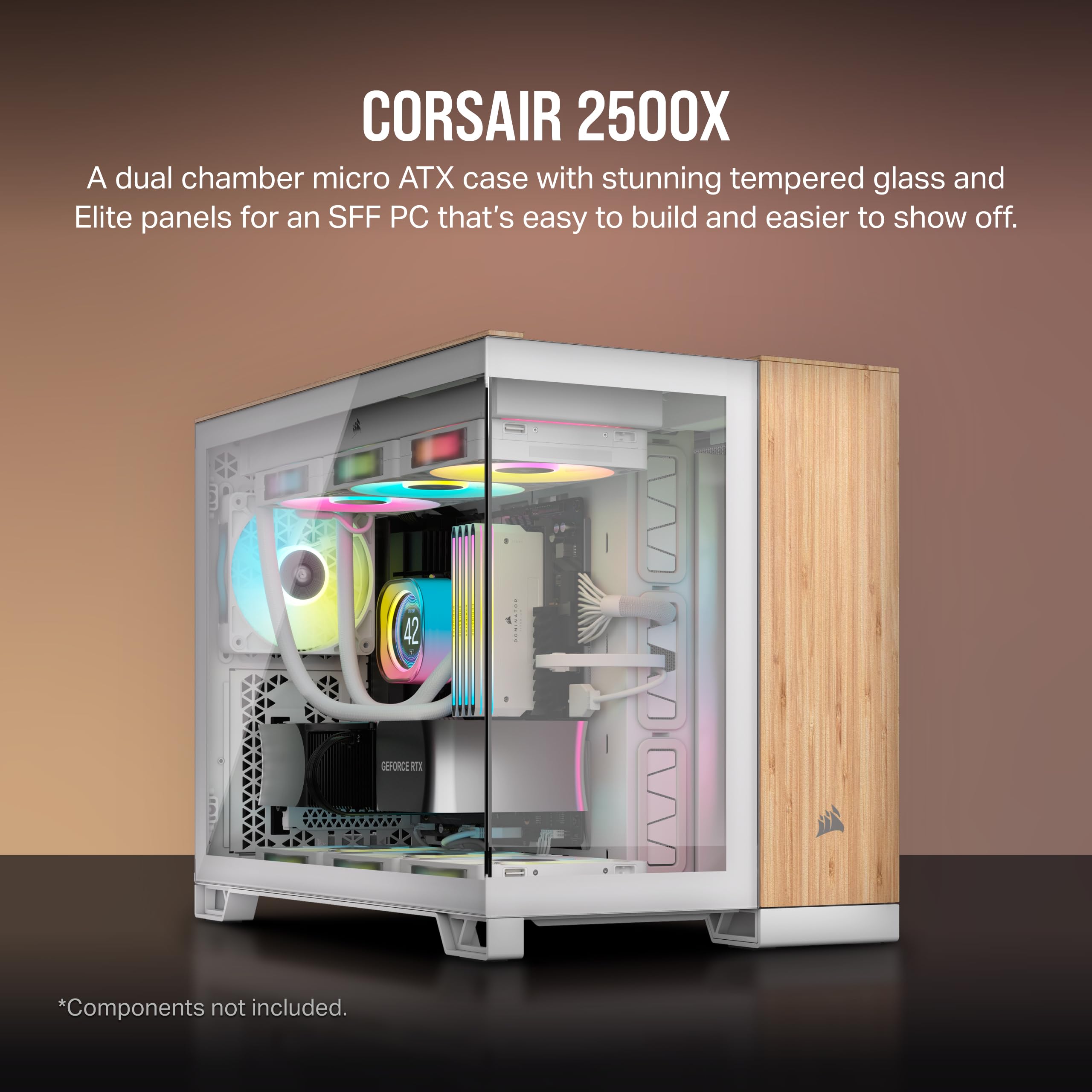 CORSAIR 2500X mATX PC Case - Dual Chamber Design, Panoramic Tempered Glass, Reverse Motherboard Compatibility - White/Bamboo Wood - Perfect for Compact Gaming Rigs & Home Office Setups
