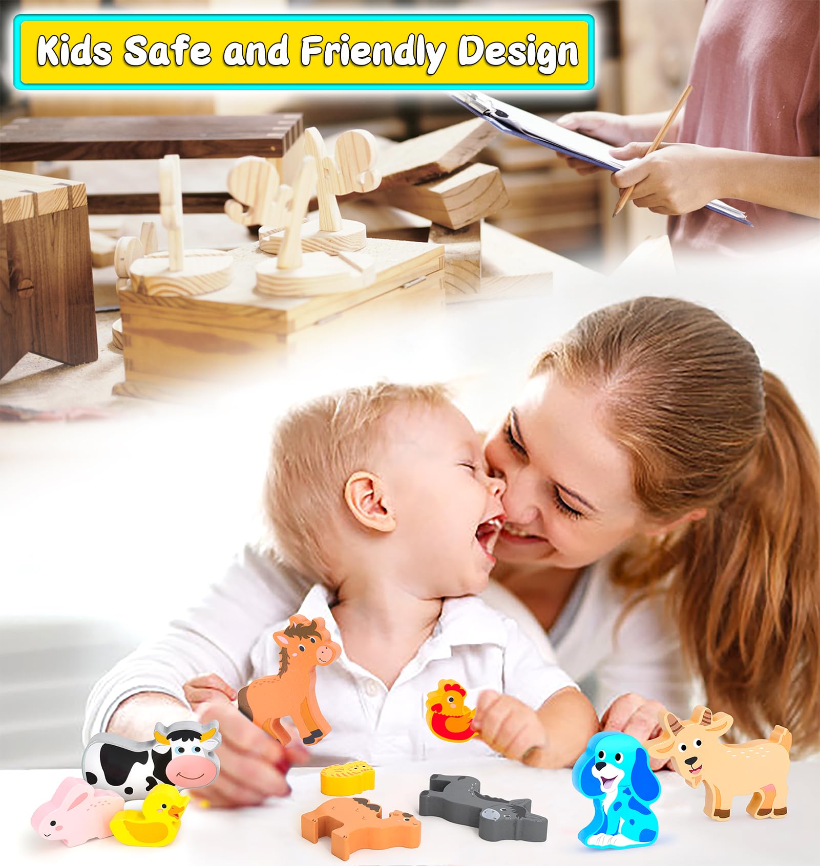 Wooden Animal Puzzles for Toddlers - 12 Pcs Farm Animal Figures, Montessori Matching & Stacking Learning Toys for Boys & Girls Ages 1-3 | Educational Gift for Kids | Perfect for Preschool Classroom, Birthday Party Favors & Early Childhood Development