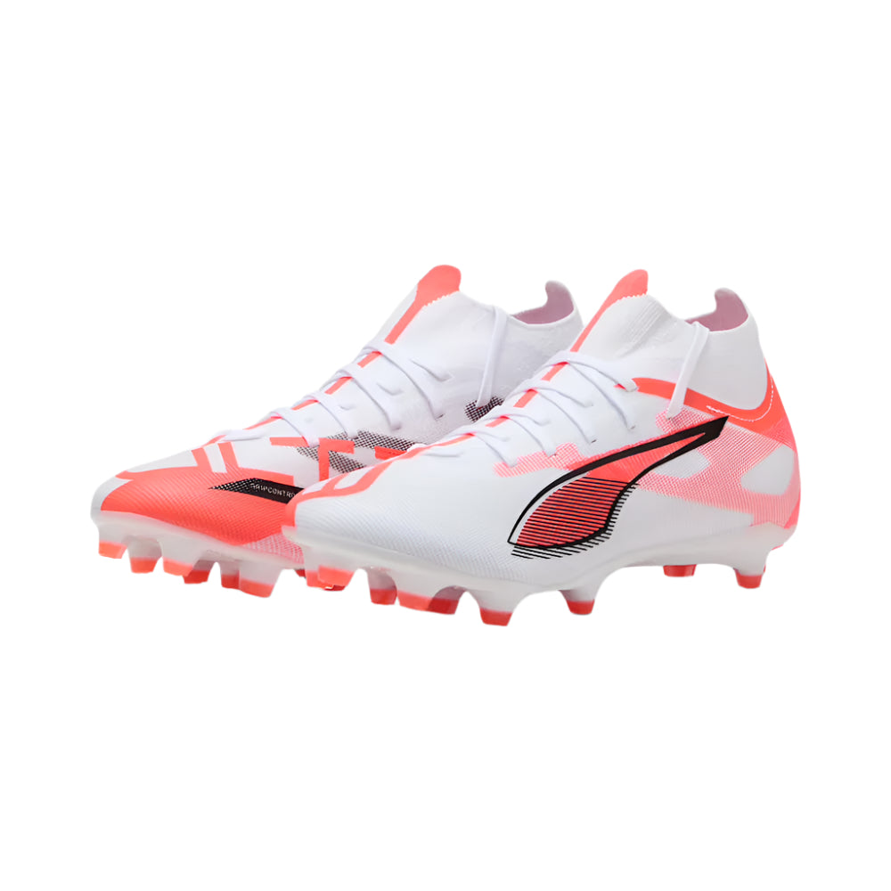 Puma Ultra 5 Match+ FG/AG Women's Soccer Cleats - White/Black/Glowing Red | Lightweight Football Shoes for Women | Perfect for Competitive Matches & Training Sessions