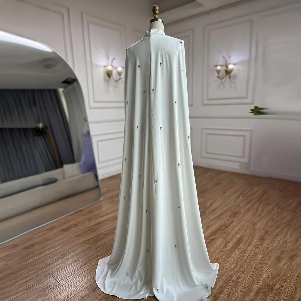 Elegant Arabic White Hijab with Beaded Satin Mermaid Long Cloak - Dubai Evening Dress Gown for Women - Perfect for Parties, Weddings & Special Occasions