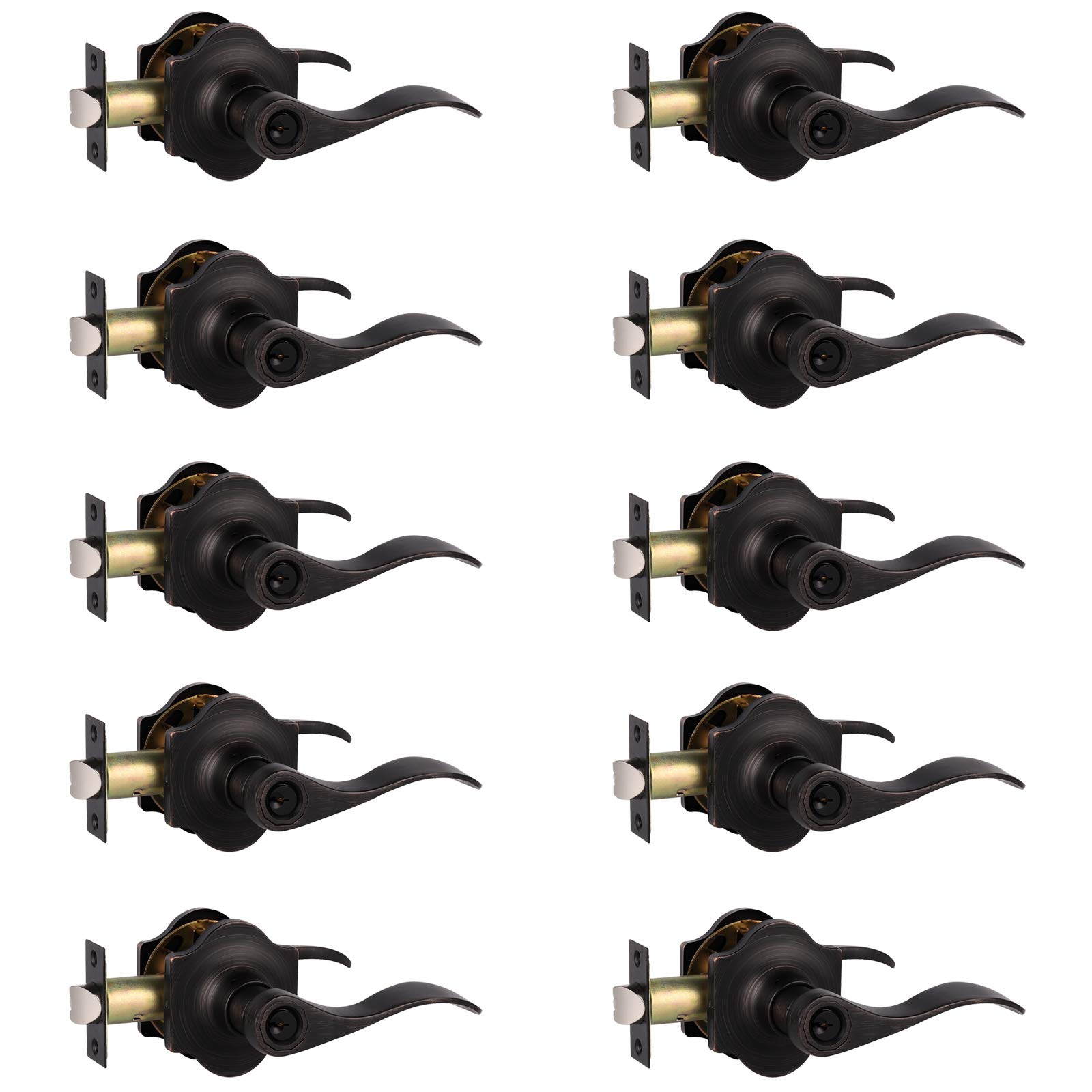 Knobelite Camelot Trim Keyed Alike Entry Lock 10-Pack - Oil Rubbed Bronze Wave Door Levers for Front Door, Right/Left Handed Reversible Security Locksets - Perfect for Apartments, Offices & Commercial Buildings