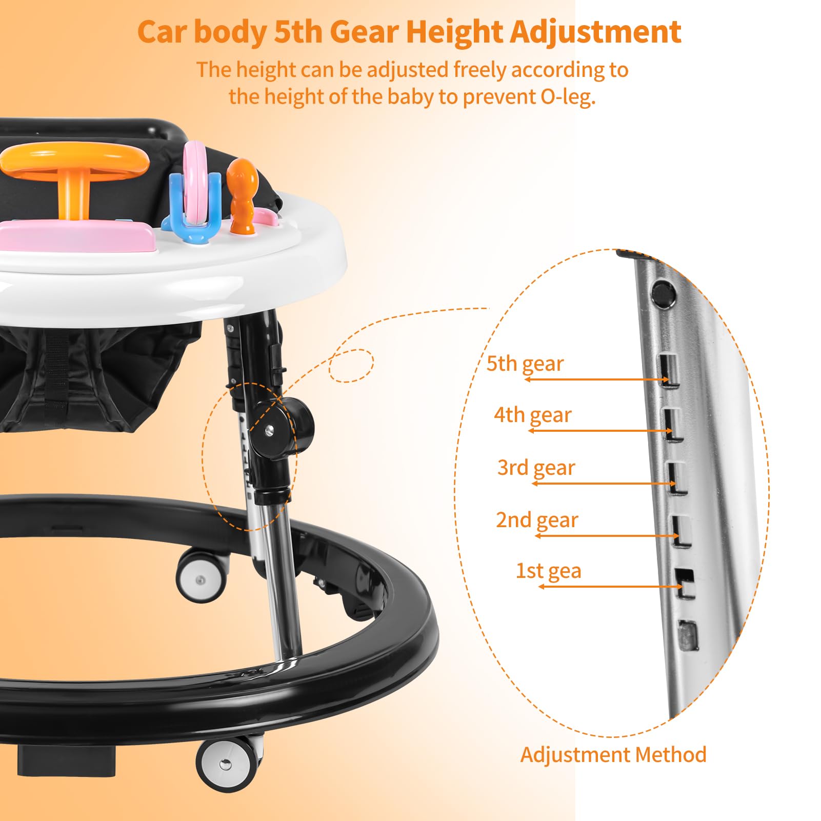 Foldable Baby Walker with Activity Center & Music - Adjustable Height (5 Levels) for Boys & Girls 6-12 Months - Includes Feeding Tray & Wheels - Perfect for Learning to Walk & Indoor Playtime