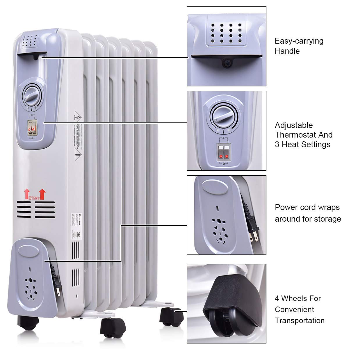 GOFLAME 1500W Oil Filled Radiator Heater - Portable Electric Space Heater with Adjustable Thermostat, 3 Heat Settings, Tip-Over & Overheat Protection | Quiet Operation for Bedroom, Office, Living Room & Small Spaces | Energy Efficient Indoor Heating Solution