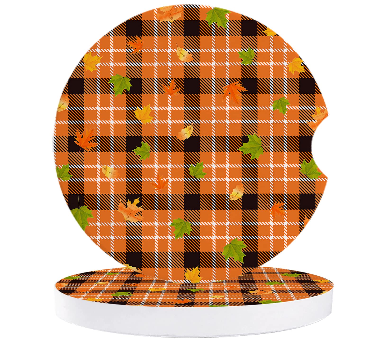2 Pack Absorbent Ceramic Car Coasters - Thanksgiving Fall Maple Leaf Design with Orange Buffalo Check Pattern & Finger Notch for Easy Removal | Perfect Car Cup Holder Accessories for Coffee, Drinks & Road Trips