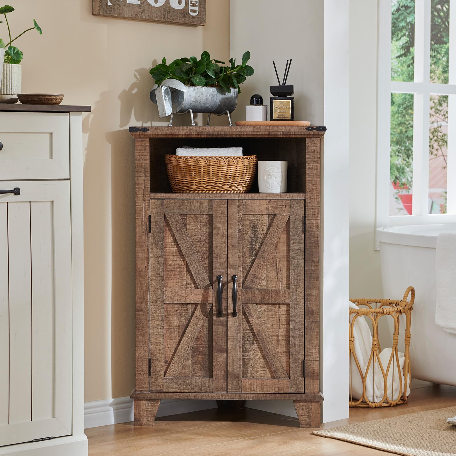 Farmhouse Corner Bathroom Cabinet with Barn Door & Adjustable Shelf - Rustic Brown Storage Cabinet for Bathroom, Kitchen, Living Room | Space-Saving Organizer for Small Bathrooms & Cozy Farmhouse Decor