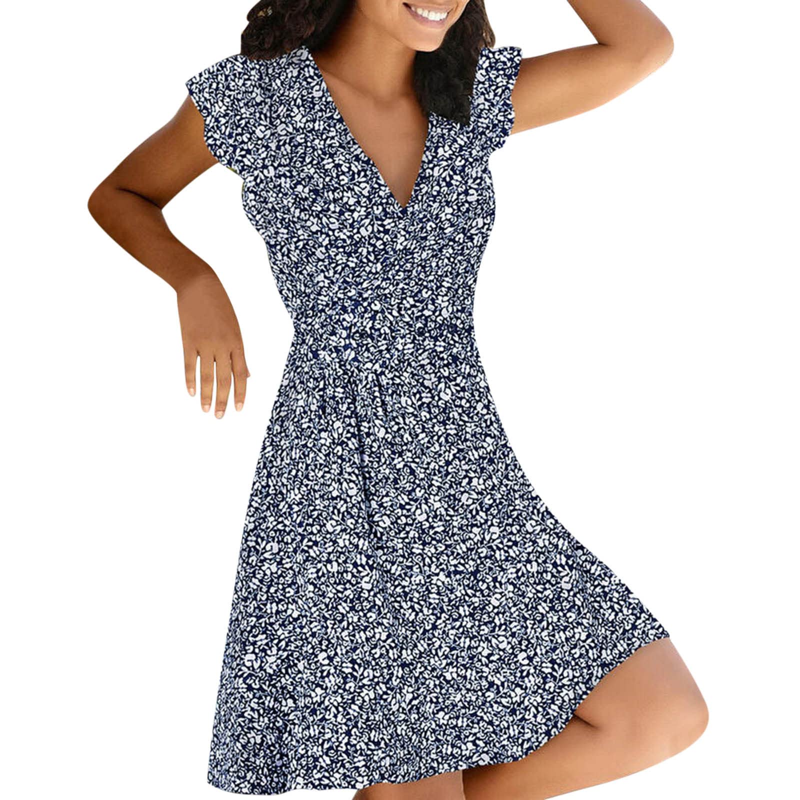 Women's Summer Floral Print Scoop Neck Midi Dress - Casual Boho Short Sleeve Smocked A-Line Dress for Beach, Vacation & Outdoor Parties