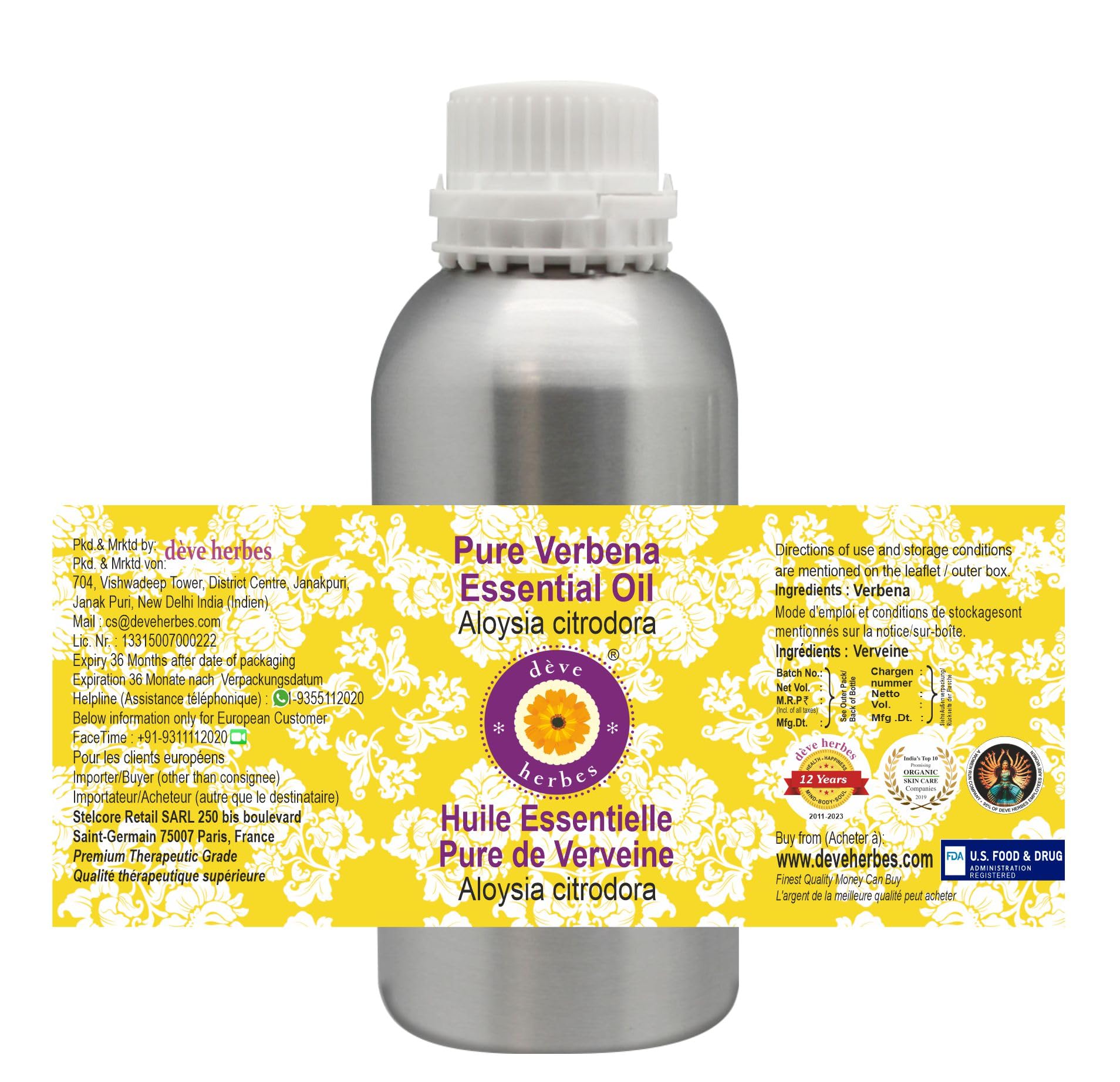 Deve Herbes Pure Verbena Essential Oil (Aloysia citrodora) - 630ml (21 oz) Steam Distilled Therapeutic Grade Aromatherapy Oil for Relaxation, Stress Relief & Diffuser Use