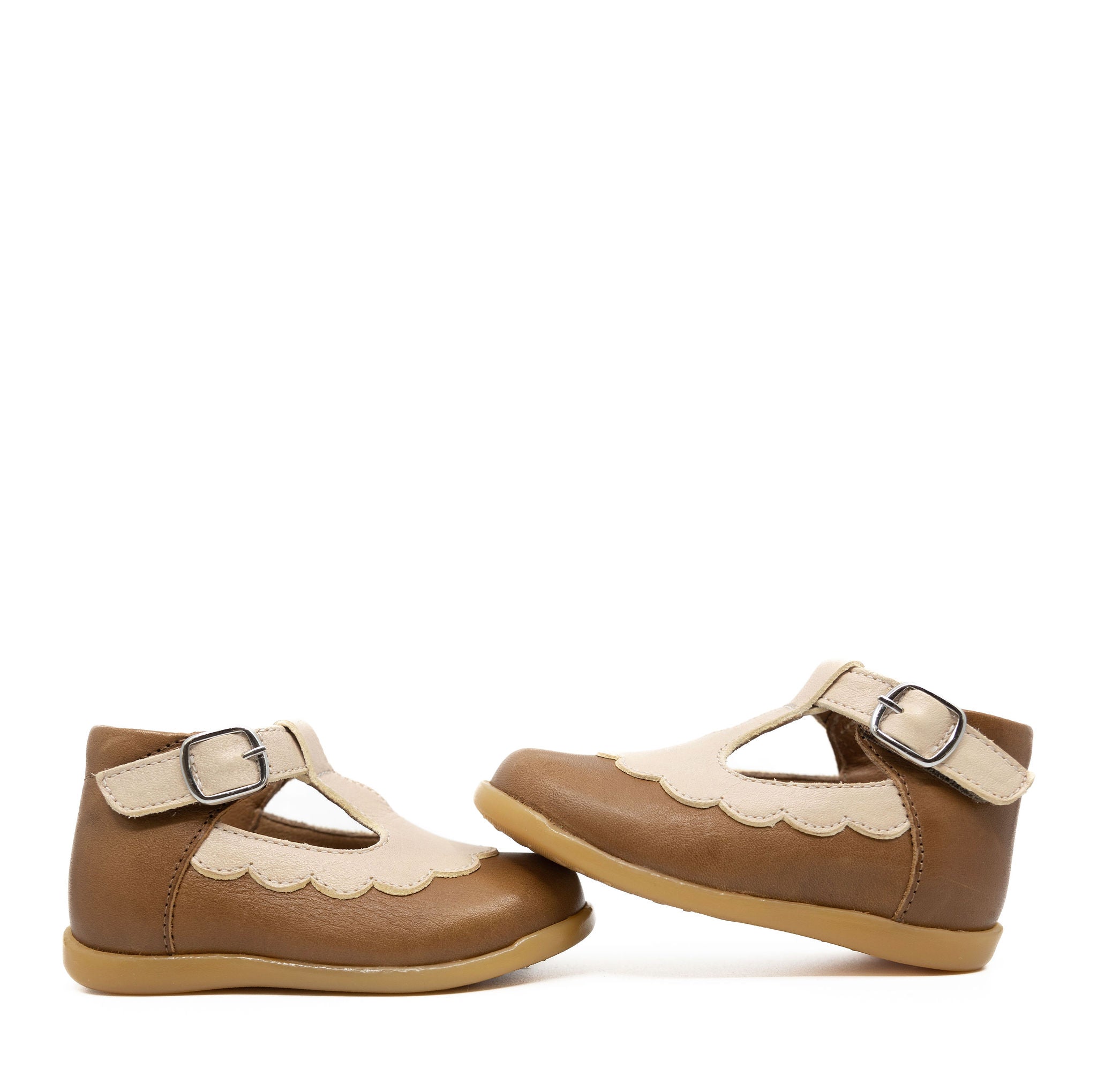 Petit Nord Two-Tone Scalloped T-Strap Baby Shoes | Soft Leather First Walkers for Infants & Toddlers | Perfect for Special Occasions & Photo Shoots