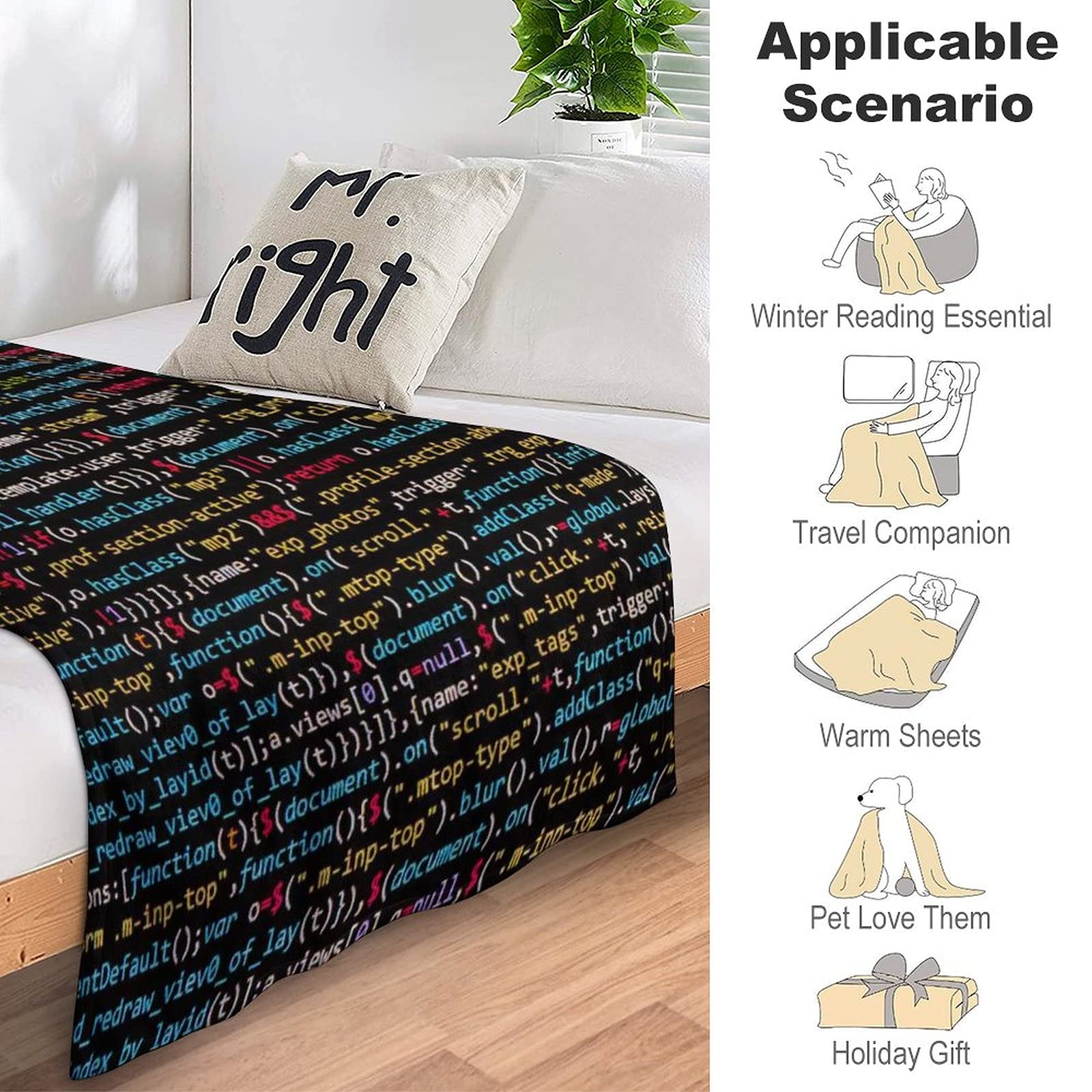 Funny Programmer Code Custom Flannel Throw Blanket - 40x50 Inches Soft Cozy White Blanket for Bed, Couch, Sofa, Office & Camping - Perfect Gift for Developers & Tech Lovers