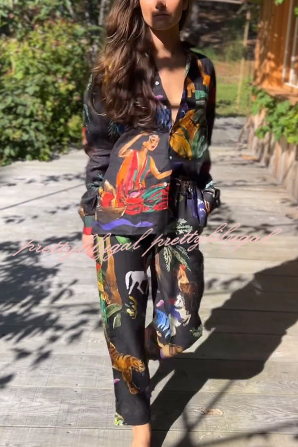 Stylish Floral Print Long Sleeve Blouse with Elastic Waist Wide Leg Pants Set - Women's Casual Outfit for Work, Date Night & Spring Fashion