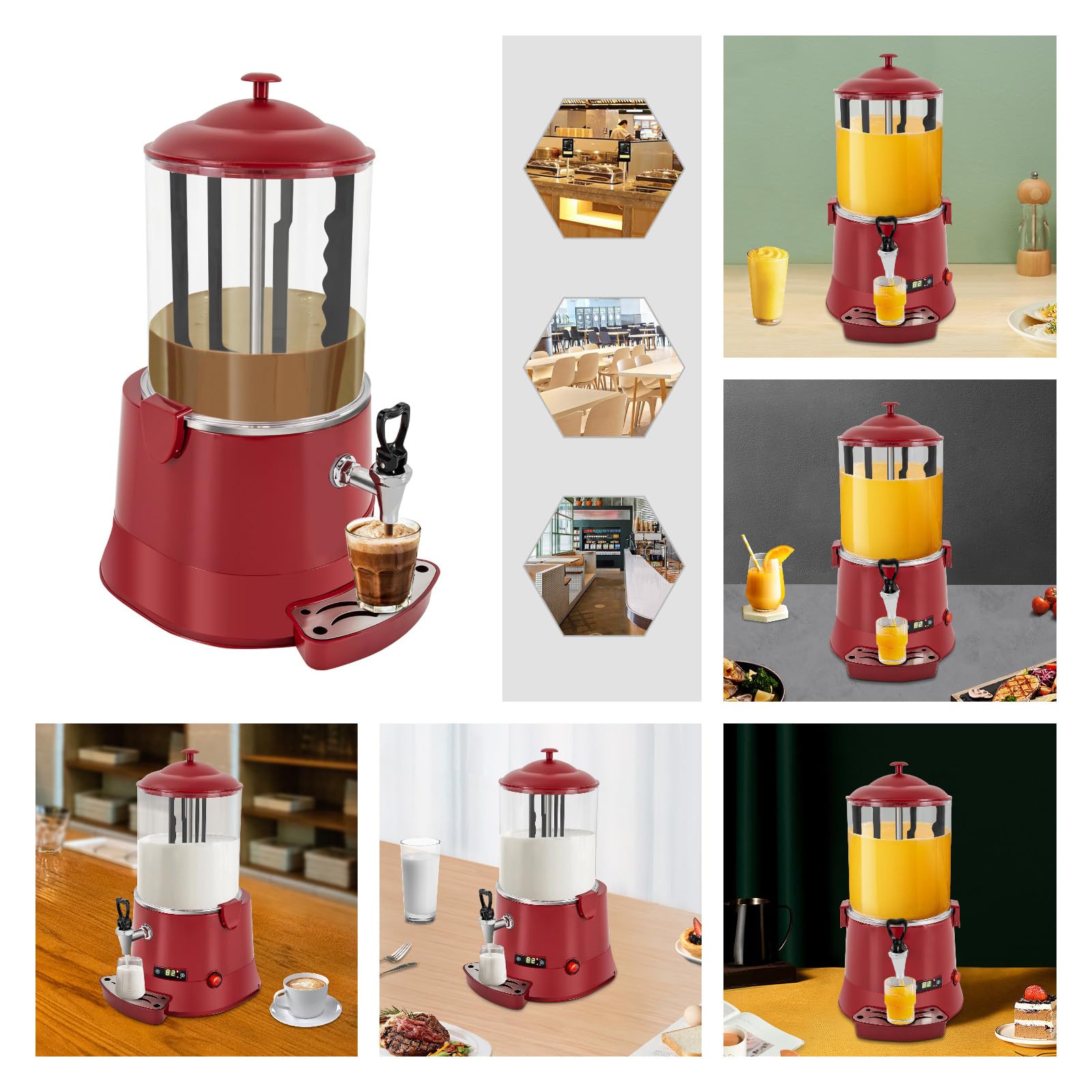 Commercial Hot Chocolate Machine 10L/2.64Gal 400W with Temperature Control (30-90℃/86-194℉) - Stainless Steel & PVC Beverage Warmer for Coffee, Milk Tea, Hot Chocolate - Perfect for Cafes, Restaurants & Events (40x32x57cm/15.7x12.6x22.4in, Red)