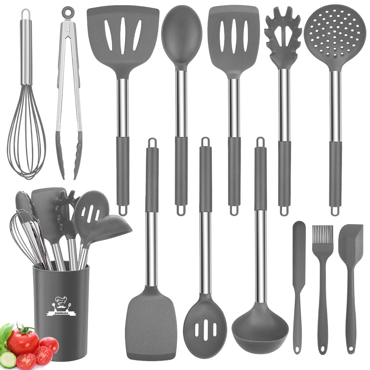 Premium 14-Piece Silicone Cooking Utensil Set - Non-Stick, Heat Resistant Kitchen Tools with Copper Stainless Steel Handles (Turner, Tongs, Spatula, Spoon) - BPA Free & Non-Toxic Cookware for Baking, Frying & Everyday Cooking