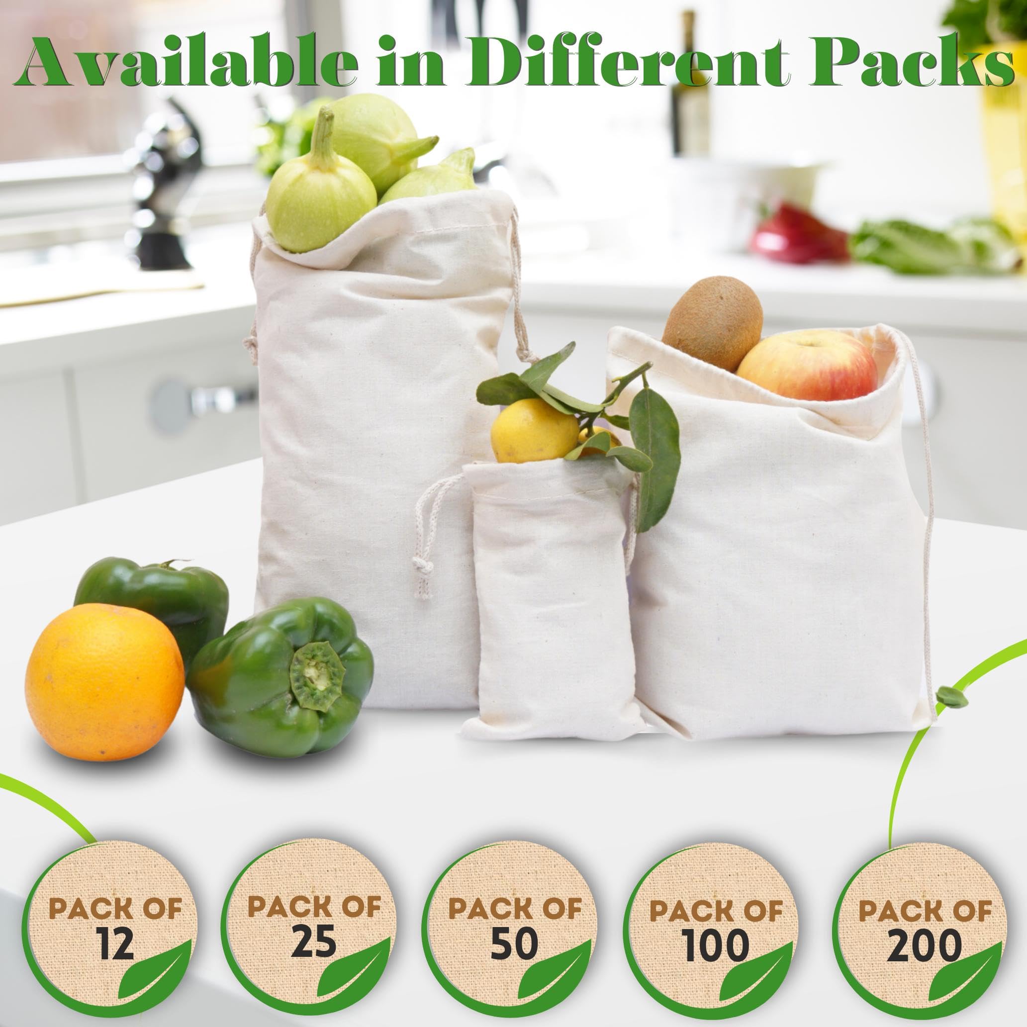 Organic Cotton Muslin Bags with Drawstrings - 100% Natural, Washable & Biodegradable Food Safe Storage Bags for Produce, Bread, Snacks & Travel Essentials | Eco-Friendly Reusable Cotton Mesh Bags