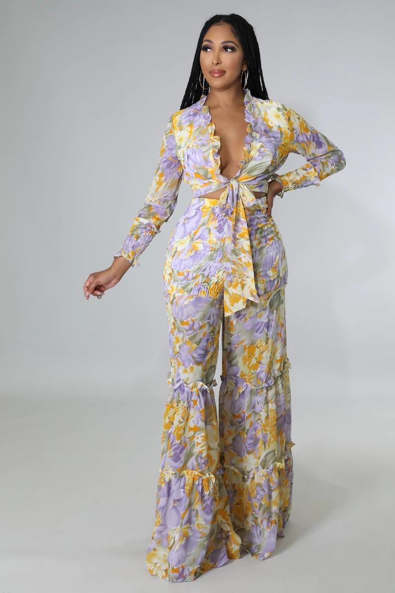 Spring Beauty Pant Set - Women's Floral Printed Lounge Pants & Top Comfy Outfit for Home, Yoga, and Casual Wear