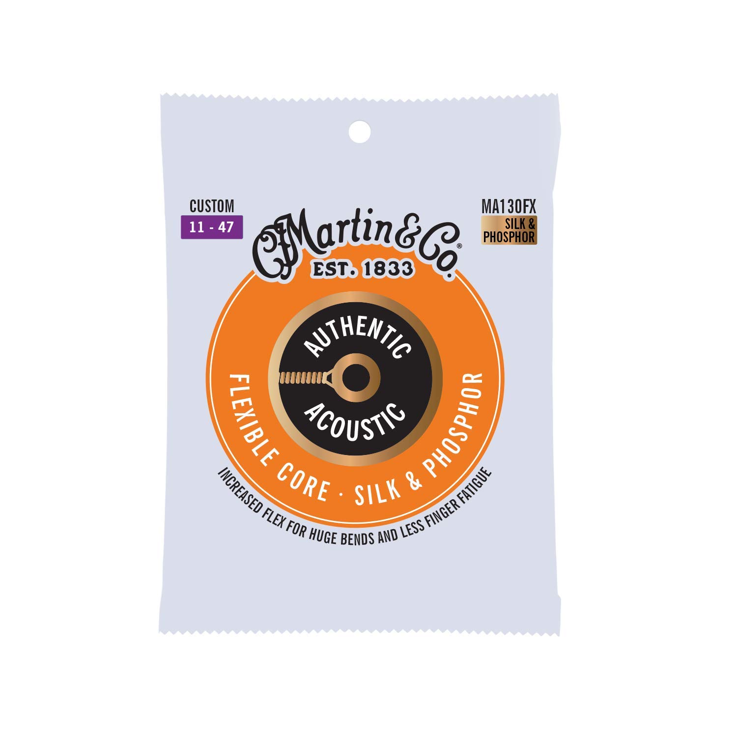 Martin MA130FX Authentic Acoustic Guitar Strings - Phosphor Bronze 92/8, Flexible-Core for Warm Tone & Longevity | Perfect for Folk, Bluegrass & Studio Recording