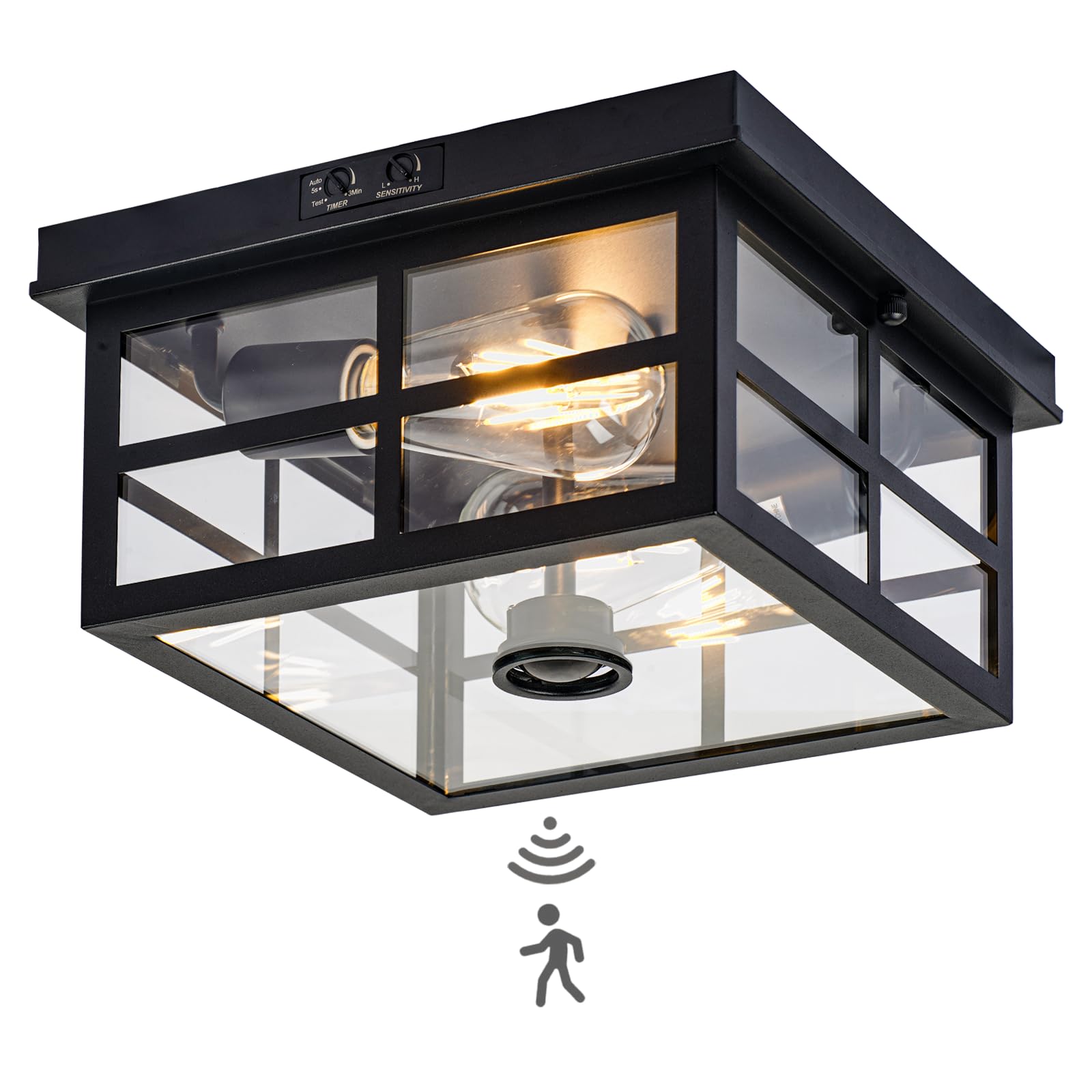Outdoor Ceiling Light with Motion Sensor - 2-Light Flush Mount Dusk to Dawn Porch Light, Clear Glass Fixture for Garage, Patio & Backyard - Perfect for Entryway, Deck & Outdoor Security Lighting