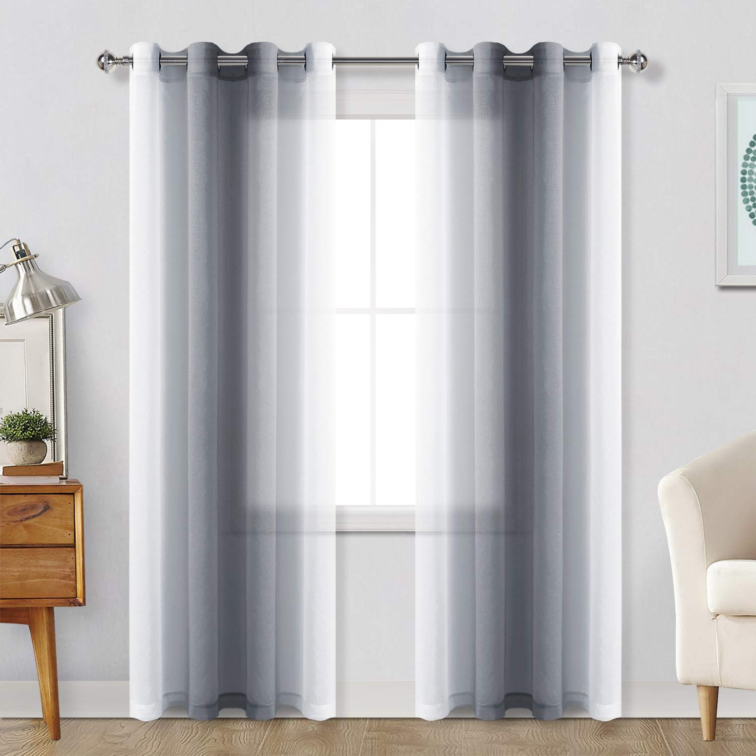 Grey Ombre Sheer Curtains for Living Room & Bedroom - Faux Linen Voile Gradient Grommet Window Drapes, Set of 2 Panels (52x84 Inches) - Light Filtering & Privacy for Modern Home Decor
