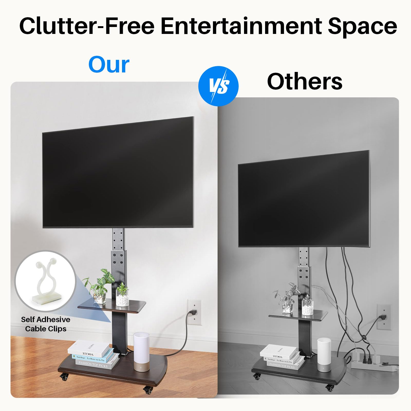 Adjustable Mobile TV Stand on Wheels for 32-80 Inch Flat/Curved TVs - Rolling TV Cart with Power Outlet, Height Adjustable, Supports 130 lbs & VESA 650x500mm - Perfect for Living Room, Bedroom, or Office (Brown)