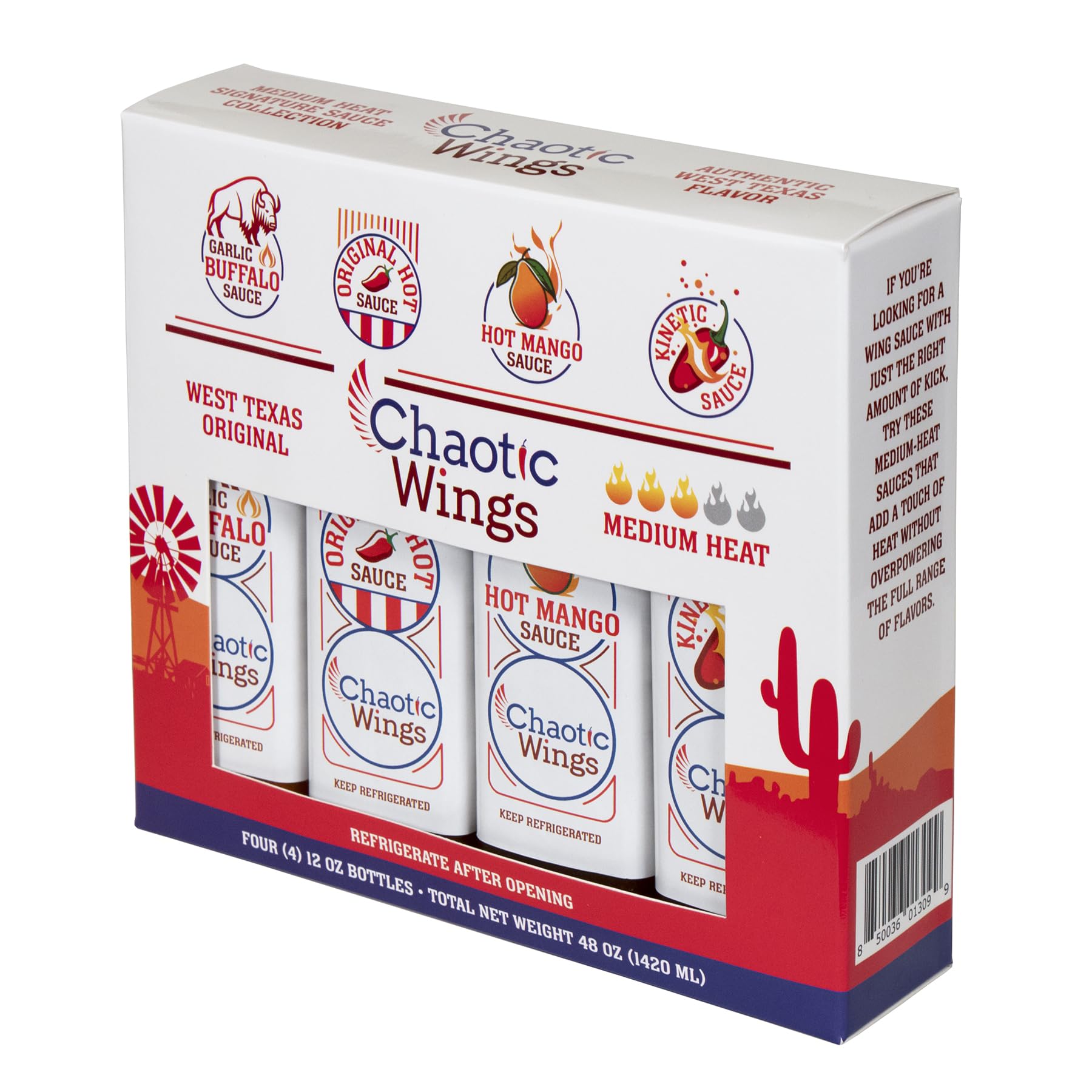 Chaotic Sauces - Medium Heat Hot Sauce Variety Pack (4 x 12oz) | Garlic Buffalo, Original Hot, Hot Mango & Kinetic Sauce | Perfect for Wings, Tacos, Burgers & BBQ