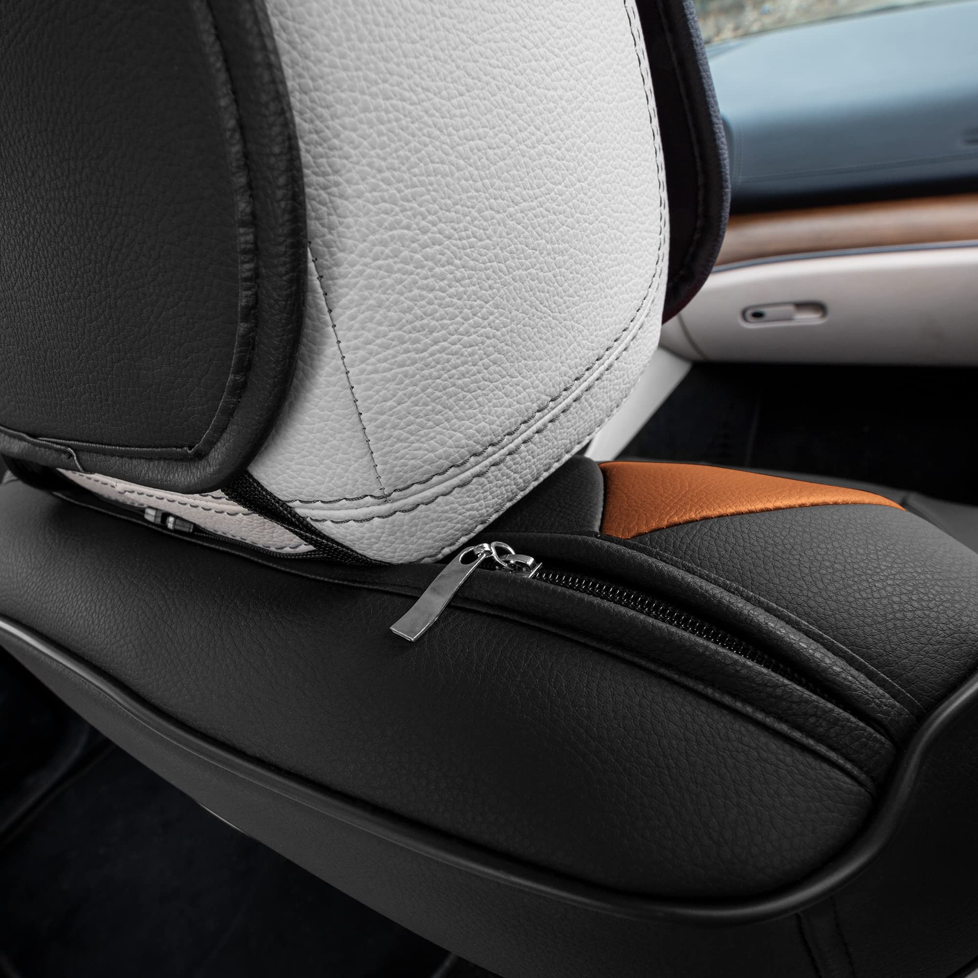 TLH Bionic70 Deluxe Faux Leather Brown Car Seat Covers - 2-Pack Universal Fit Front Seat Covers for Cars, Trucks & SUVs | Waterproof, Durable & Comfortable Seat Protectors with Contrast Stitching | Perfect for Daily Commute, Road Trips & Pet Protection