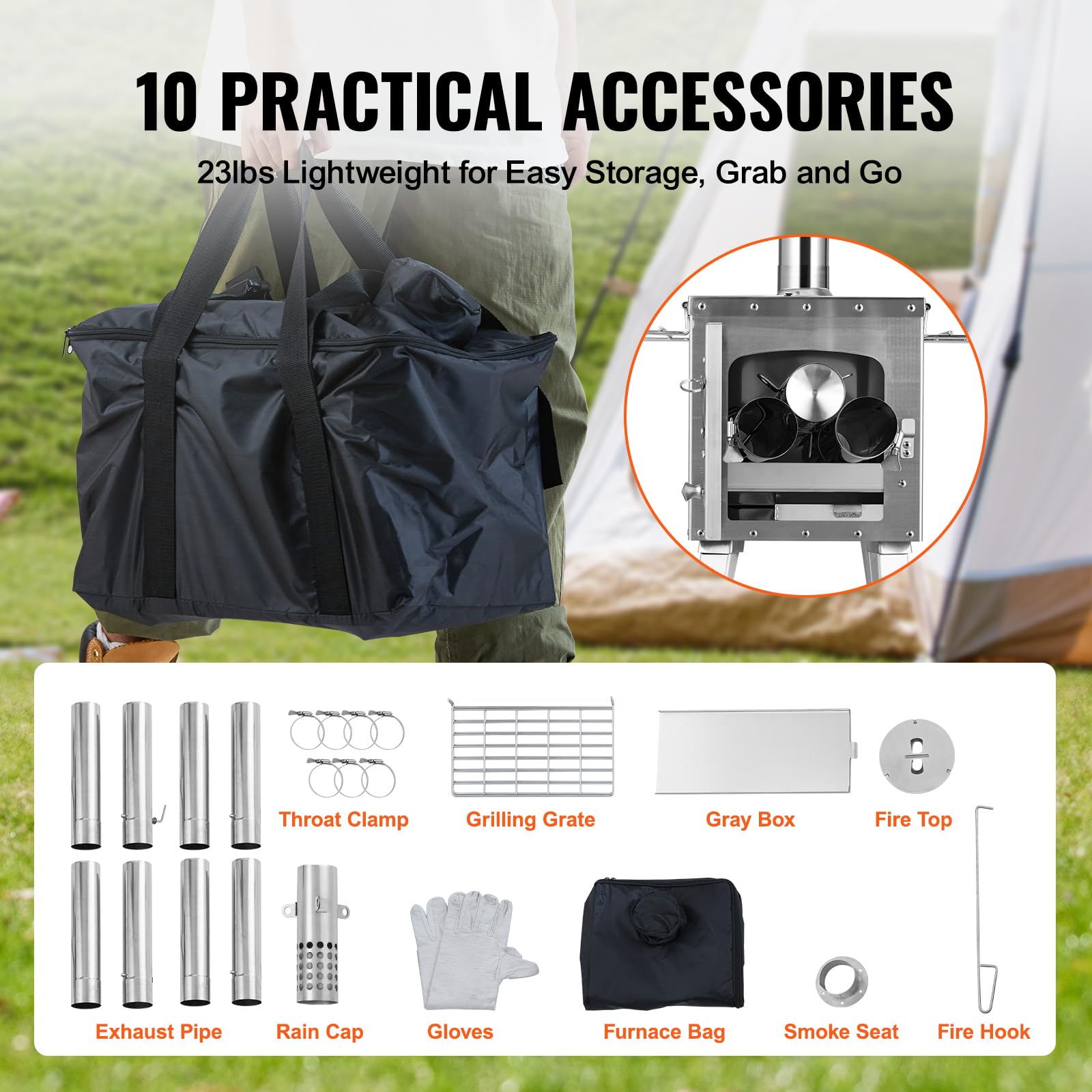 VEVOR Portable Stainless Steel Wood Burning Stove for Camping - 1646in³ Firebox with Chimney Pipes & Heat Resistant Gloves - Outdoor Tent Stove for Cooking, Heating, Survival & Bushcraft - Perfect for Hot Tents, Cabins, Hunting Trips & Emergency Preparedness