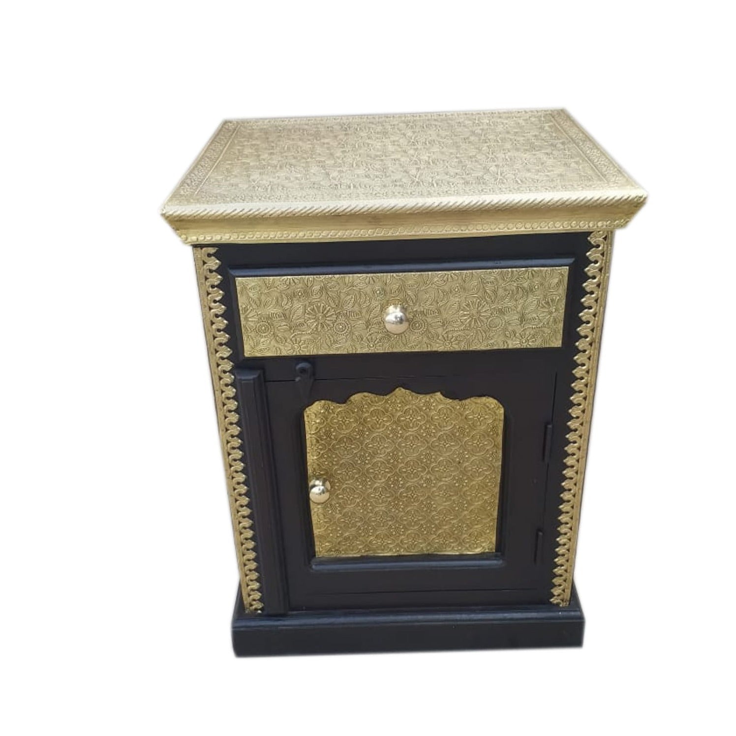Handcrafted Embossed Brass Wooden Bedside Table with Drawer - Vintage Indian Furniture for Bedroom Decor | Perfect for Small Spaces & Guest Rooms